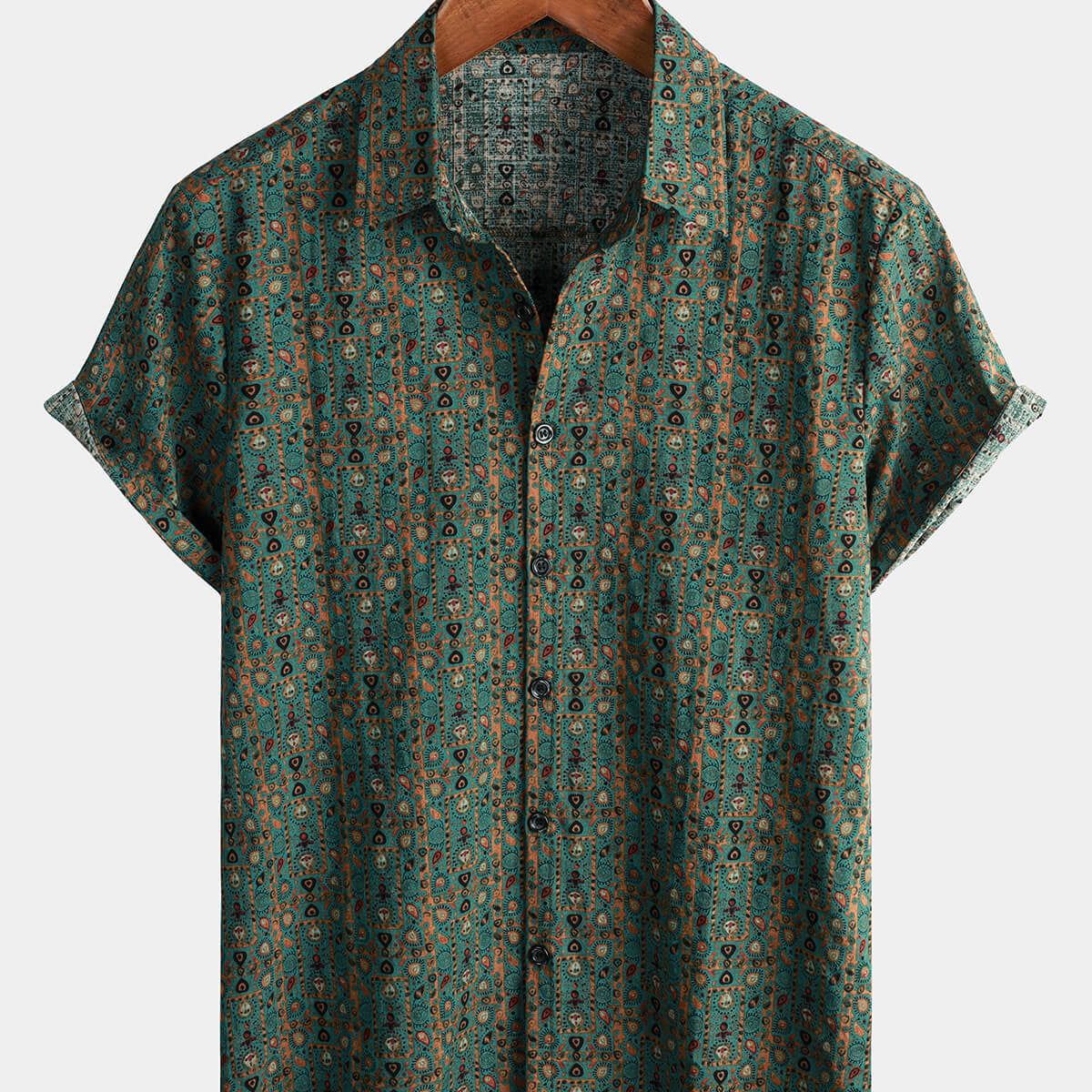 Chemise à manches courtes pour homme Vintage Paisley Print 70s Green Boho Retro Tribal