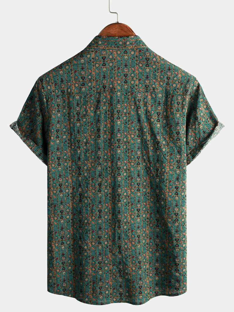 Chemise à manches courtes pour homme Vintage Paisley Print 70s Green Boho Retro Tribal