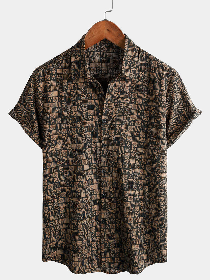 Chemise à manches courtes en coton imprimé vintage pour homme