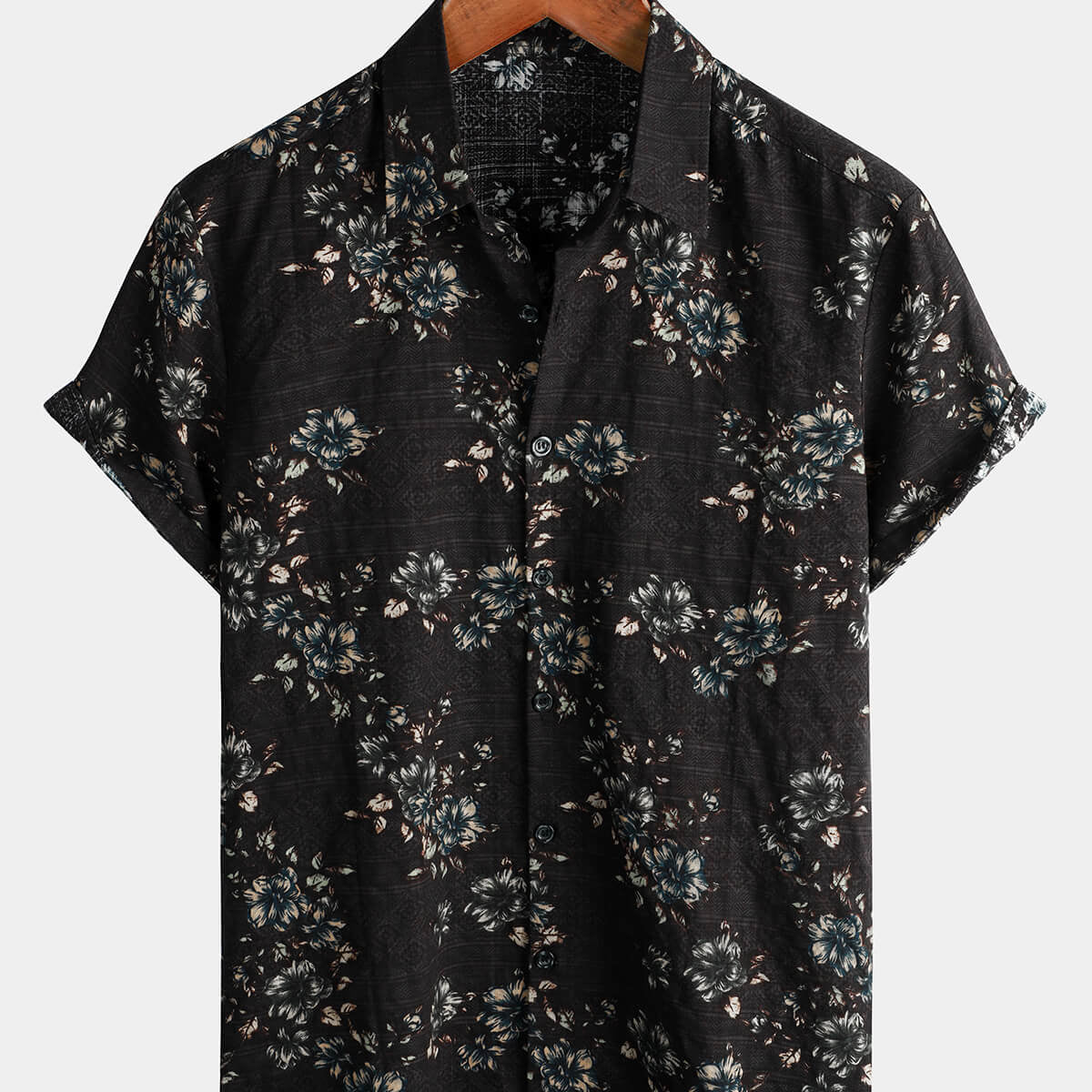 Chemise de vacances hawaïenne noire à manches courtes en coton à fleurs pour hommes