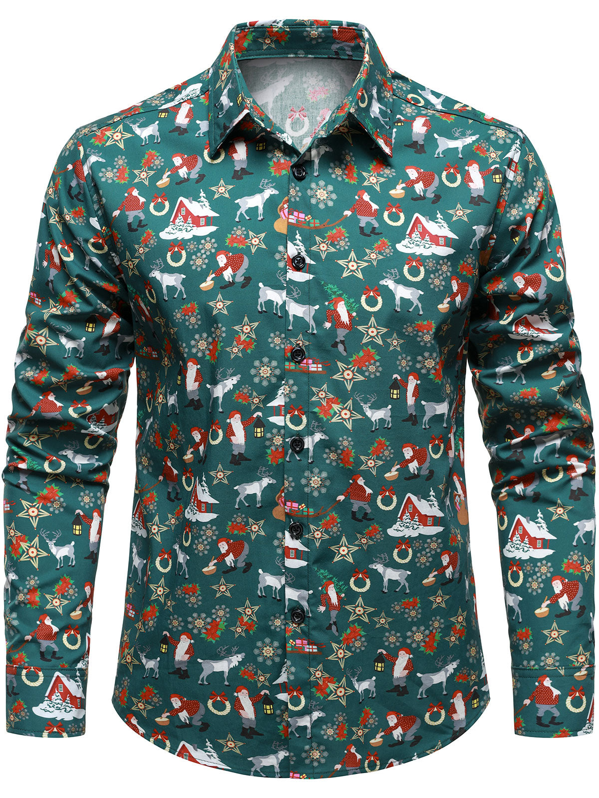 Chemise à manches longues boutonnée pour homme avec imprimé graphique festif de Noël, Père Noël et rennes
