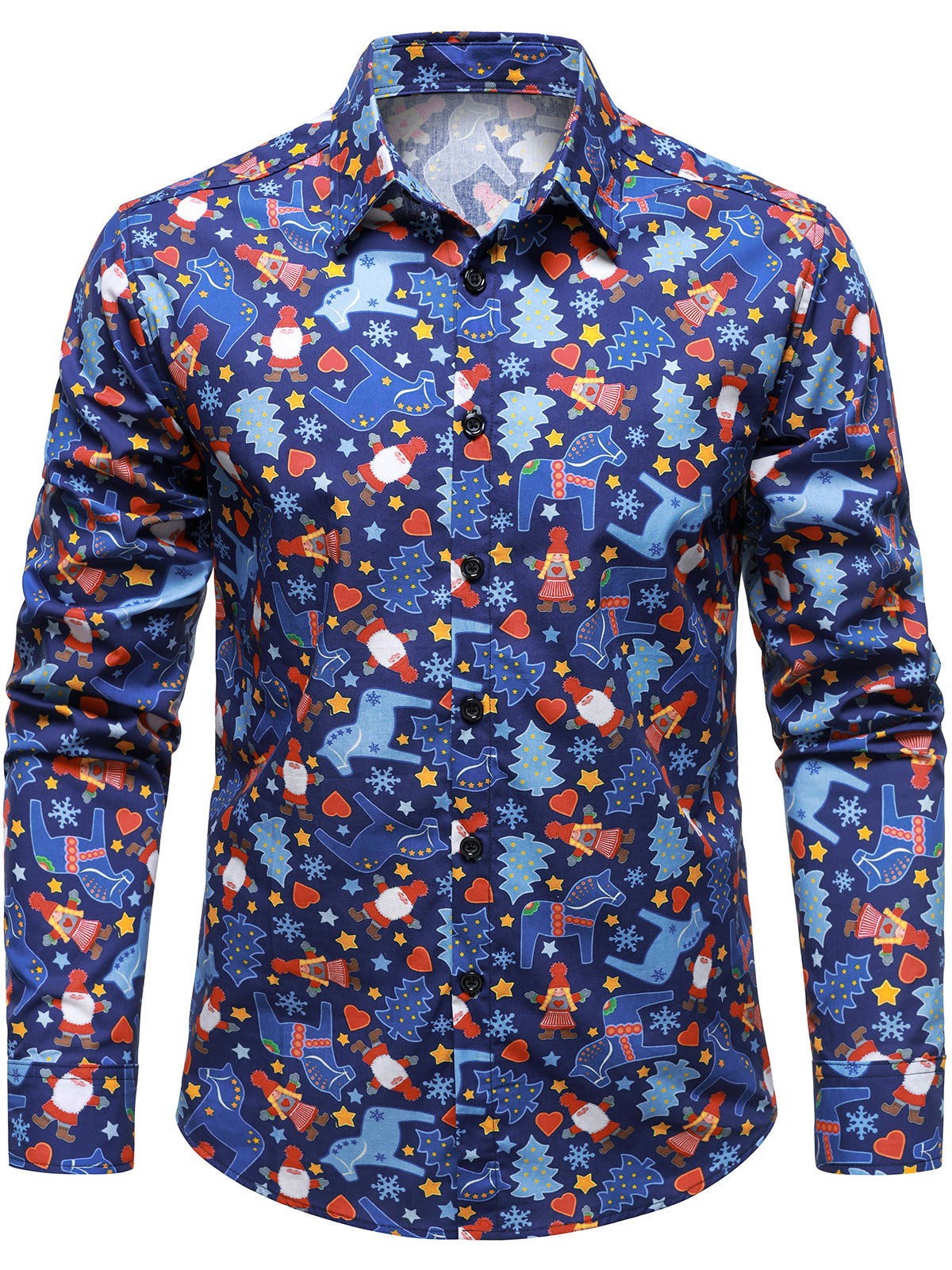 Chemise bleue à manches longues pour homme, imprimé festif et humoristique sur le thème de Noël