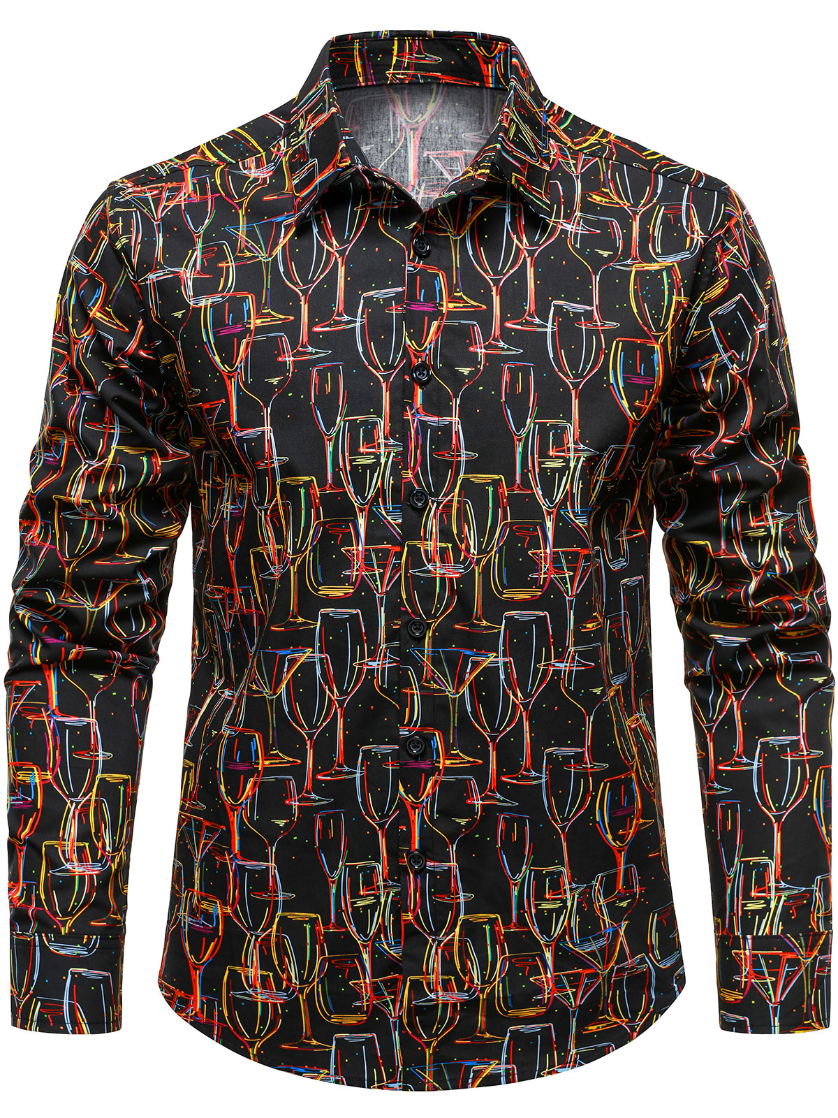Chemise de soirée décontractée pour homme, imprimée verre à vin, manches longues, en coton, motif verre à vin