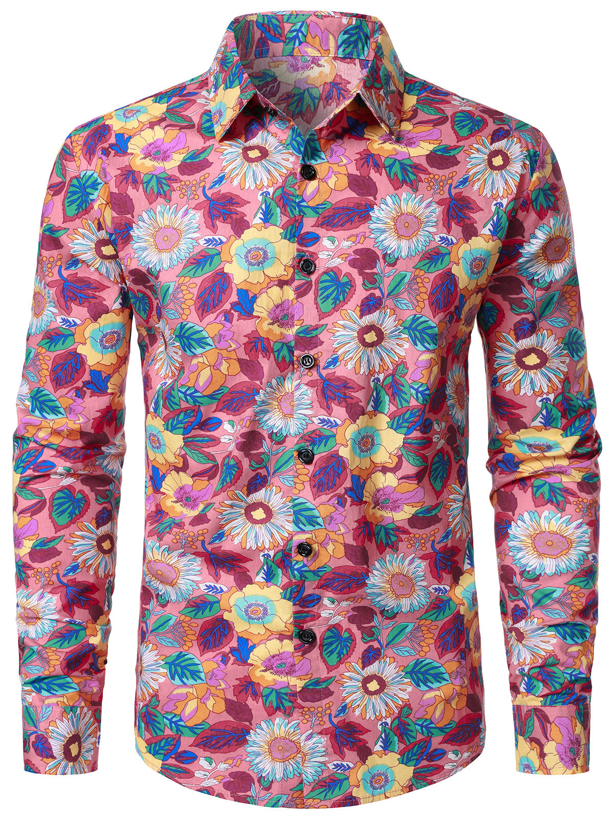 Chemise à manches longues respirante en coton à fleurs roses pour homme