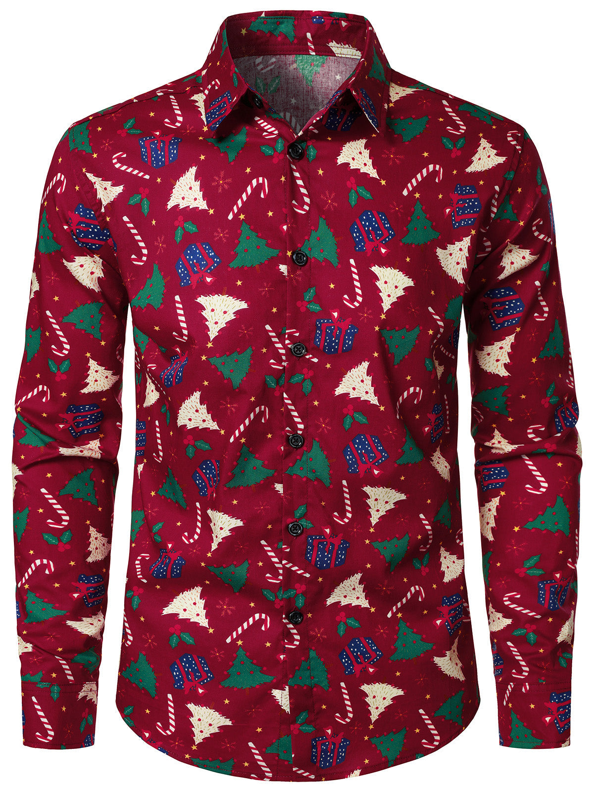 Chemise à manches longues rouge en coton imprimé sapin de Noël pour homme