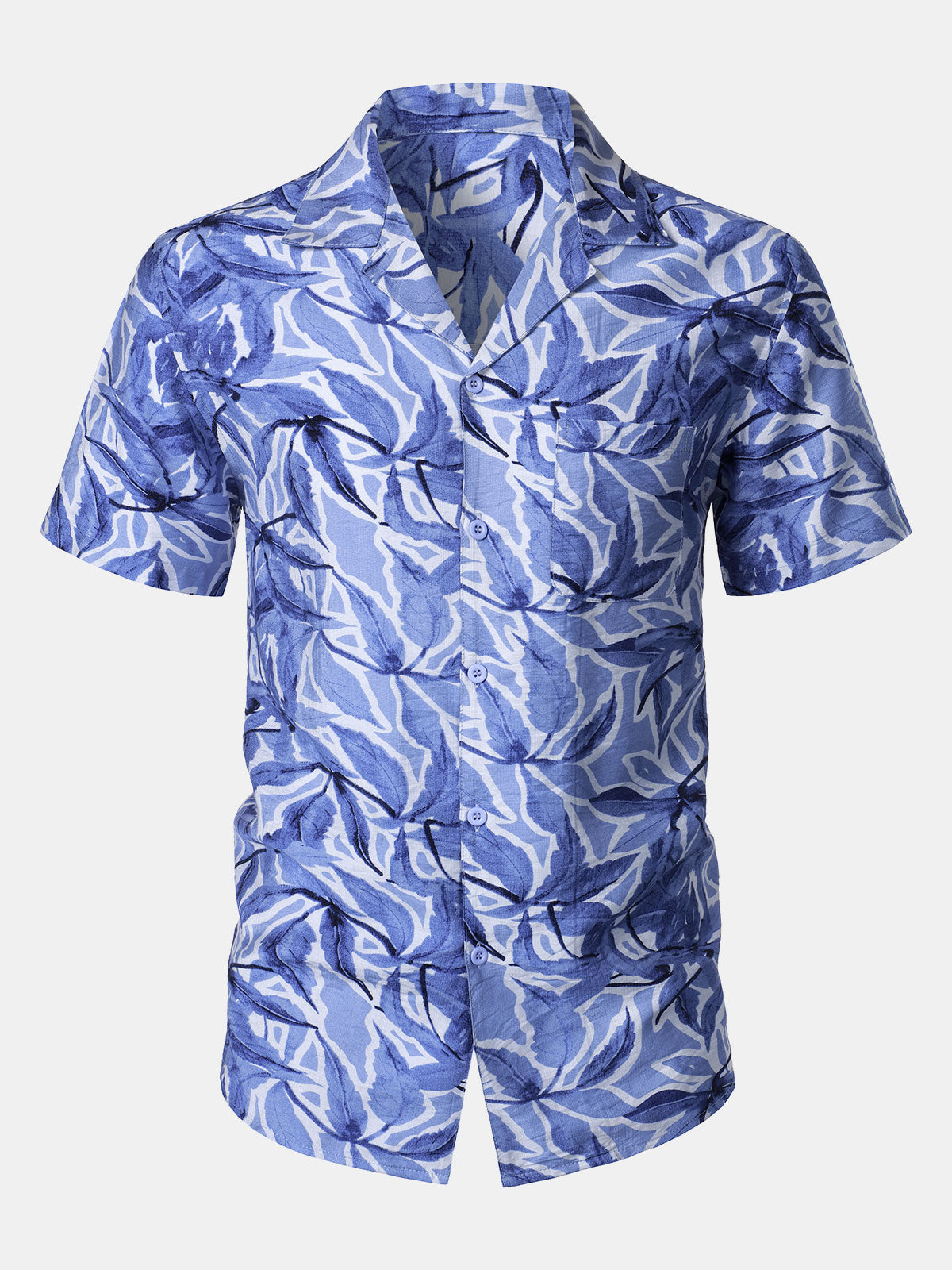 Chemise Homme à Boutons Manches Courtes à Imprimé Tropical Bleu avec Poche Style Resort
