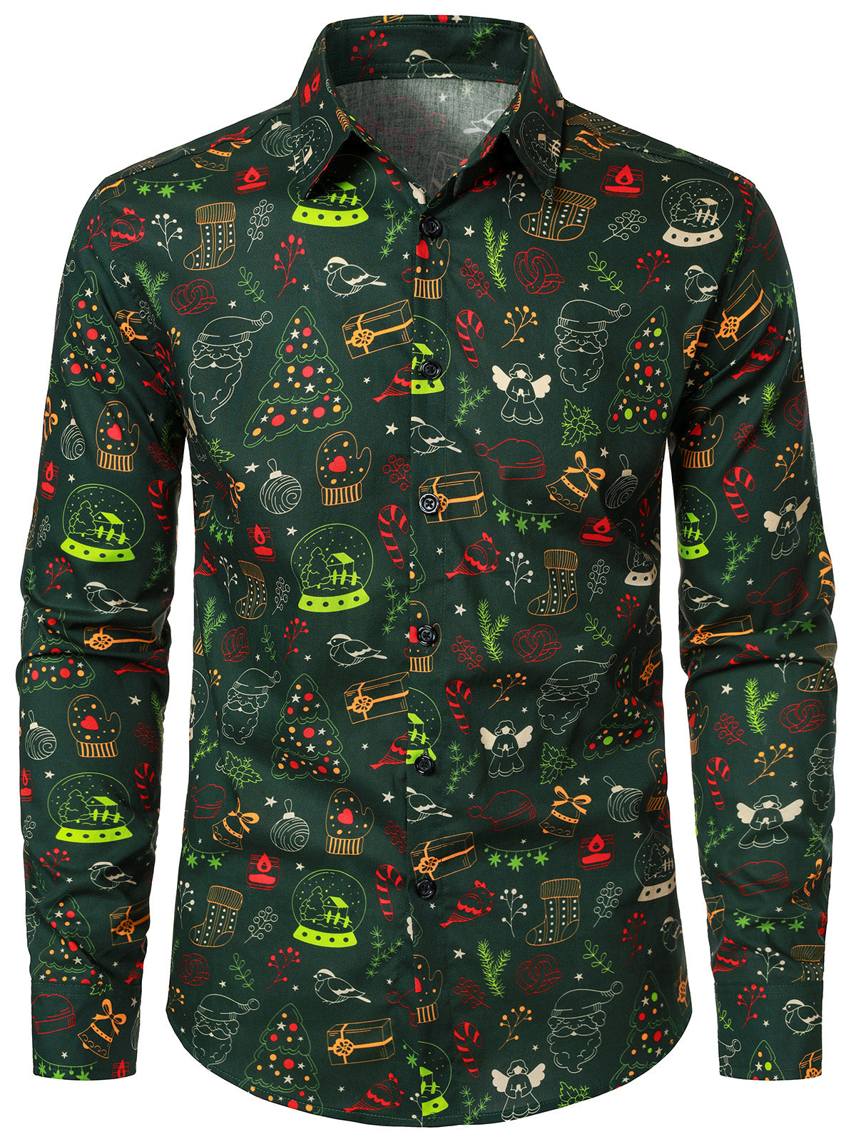 Chemise à manches longues en coton vert imprimé de Noël pour homme