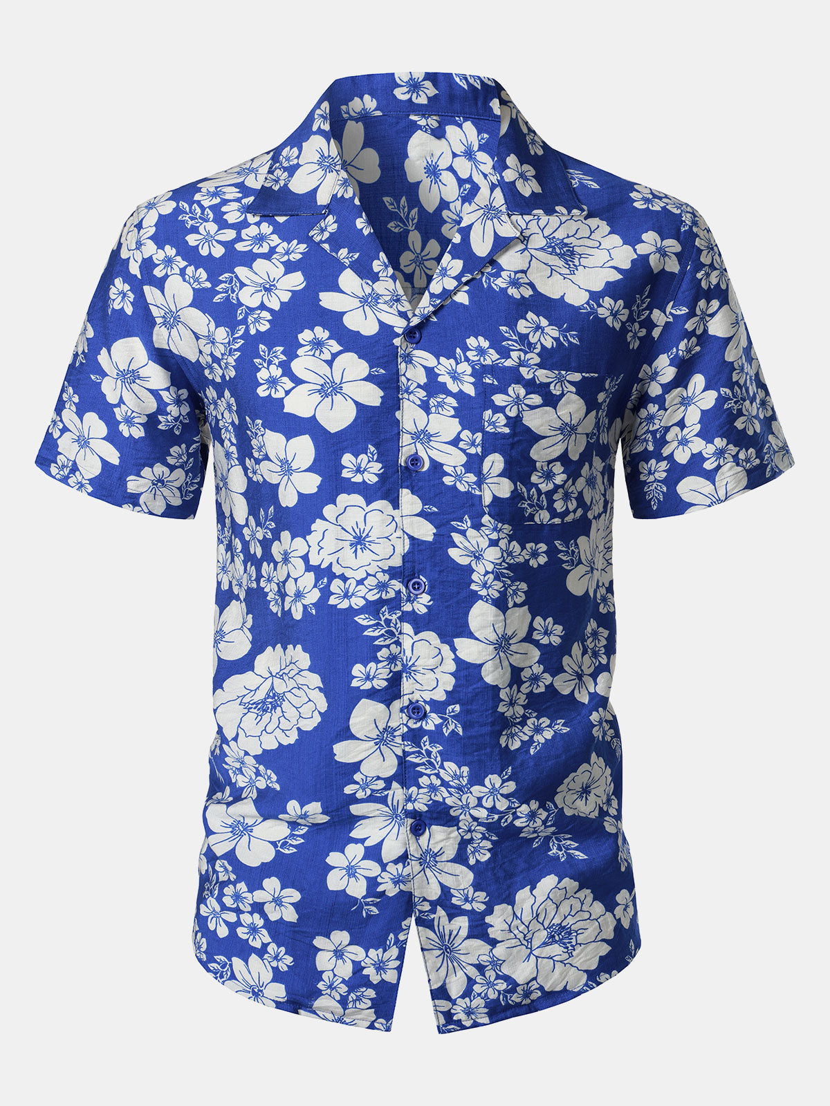Chemise Homme à Boutons Manches Courtes à Imprimé Floral Bleu avec Poche Style Hawaïen Col Cubain