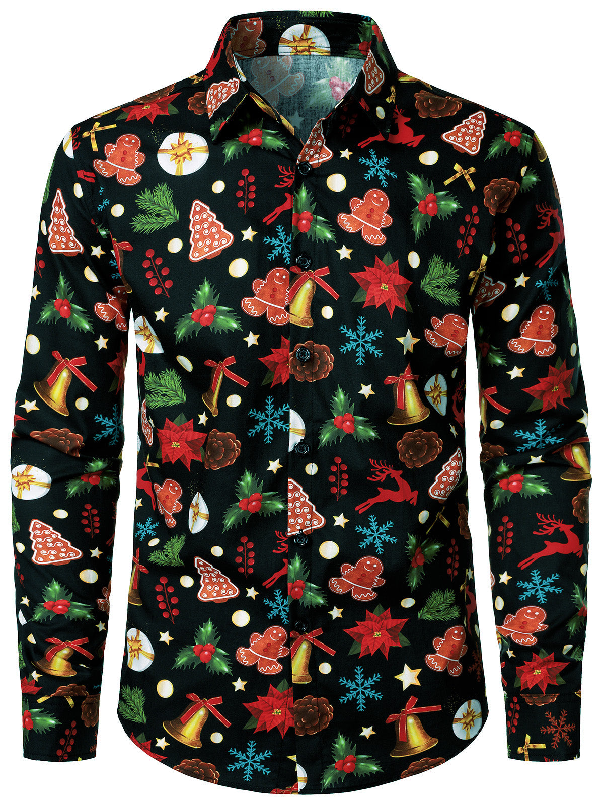 Chemise à manches longues en coton pour homme, imprimée avec un bonhomme en pain d'épice et du houx, pour Noël