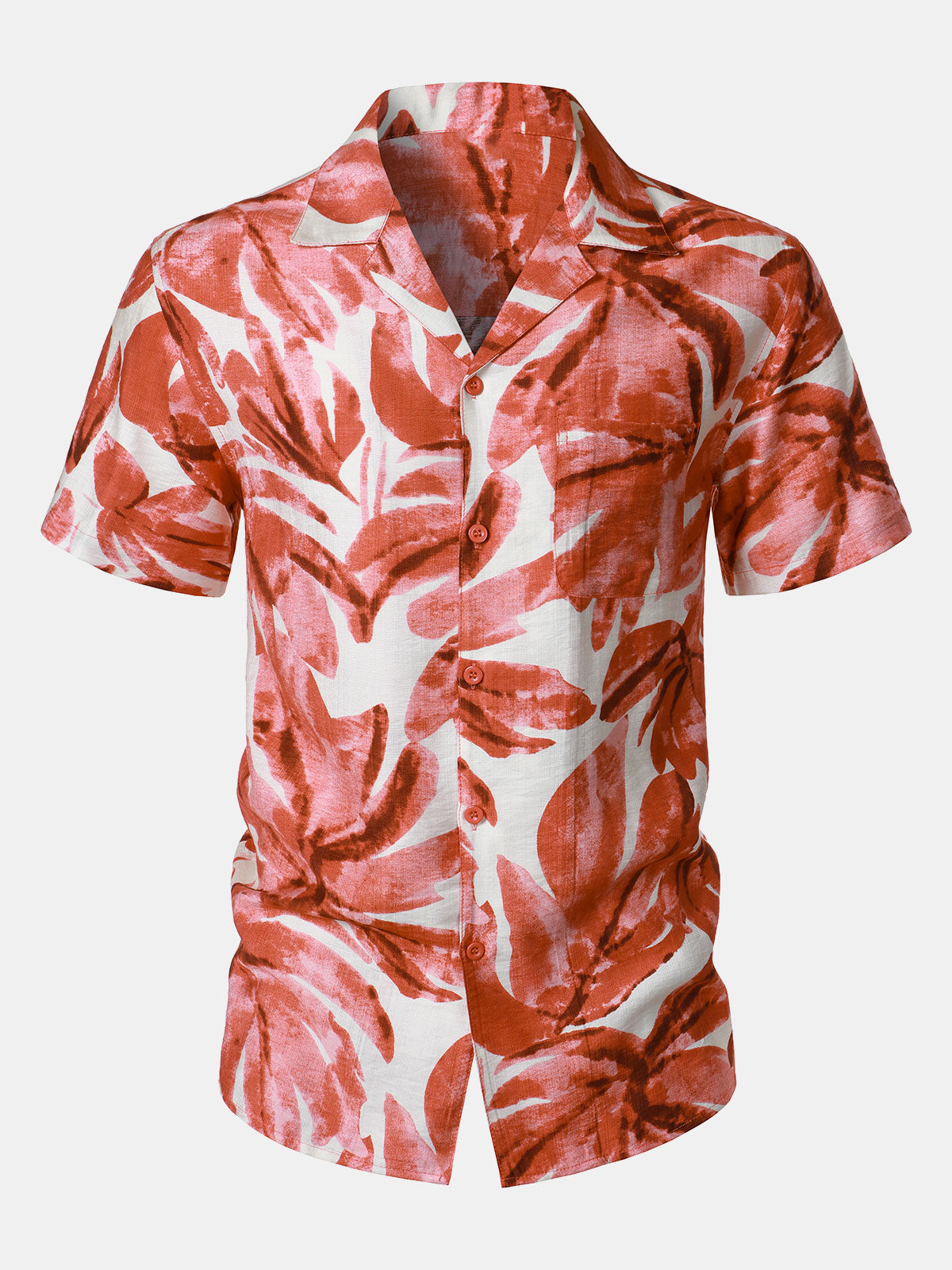Chemise Homme à Boutons Manches Courtes à Imprimé Feuilles Tropicales Rouge avec Poche Style Hawaïen