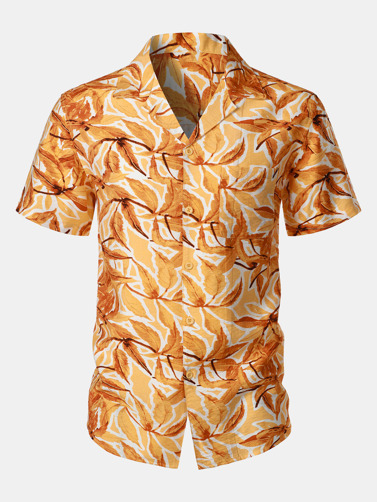Chemise Homme à Boutons Manches Courtes à Imprimé Tropical Jaune avec Poche Style Hawaïen