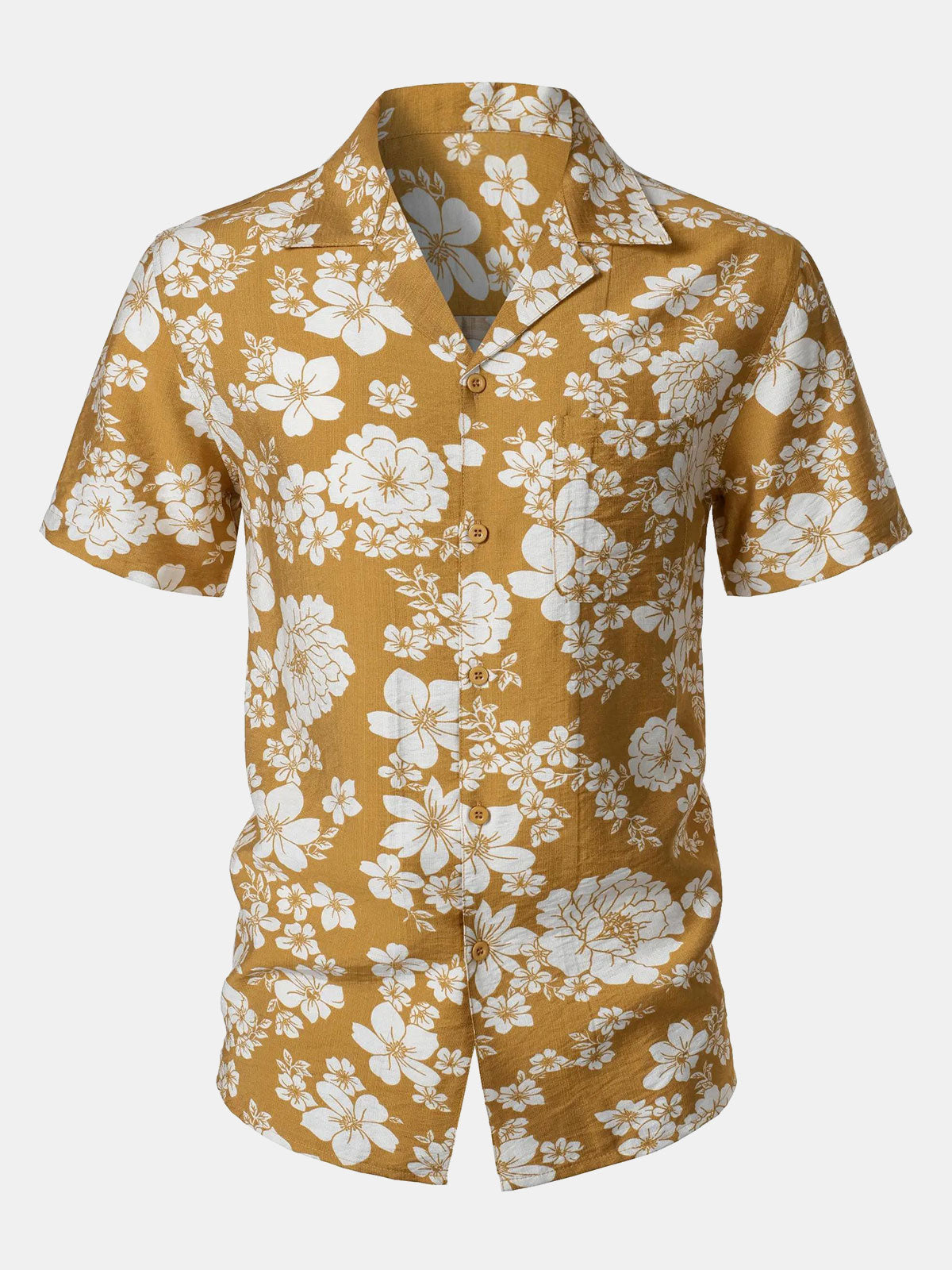 Chemise Homme à Boutons Manches Courtes à Imprimé Floral Jaune avec Poche Style Resort