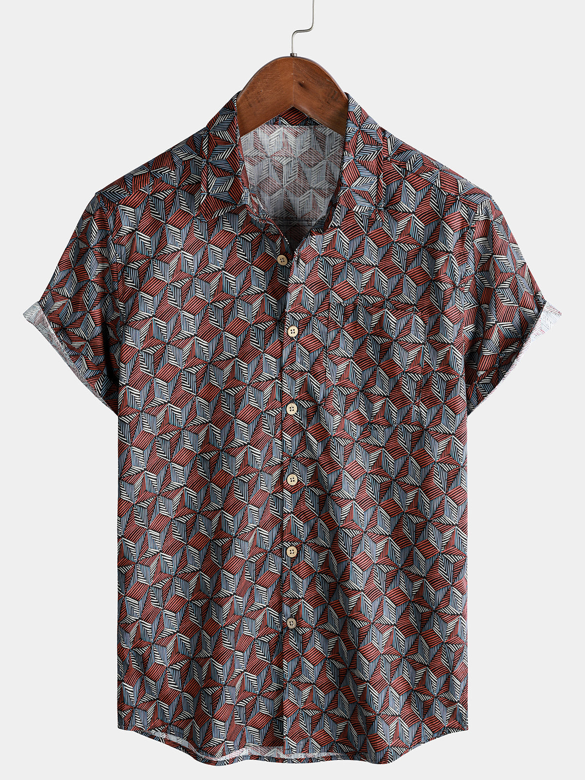 Chemise Homme à Motif Géométrique Décontractée Boutonnée Manches Courtes