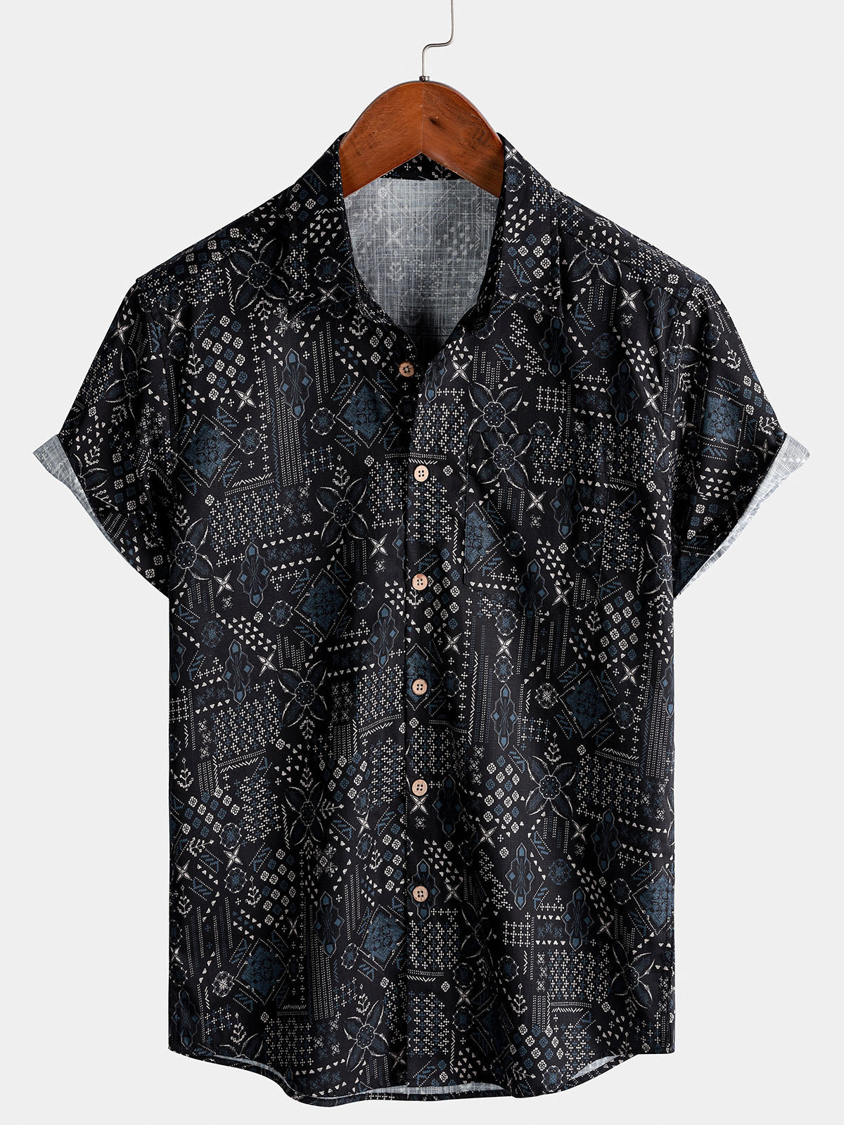 Chemise Homme Vintage à Manches Courtes Imprimé Patchwork Respirante Style Resort