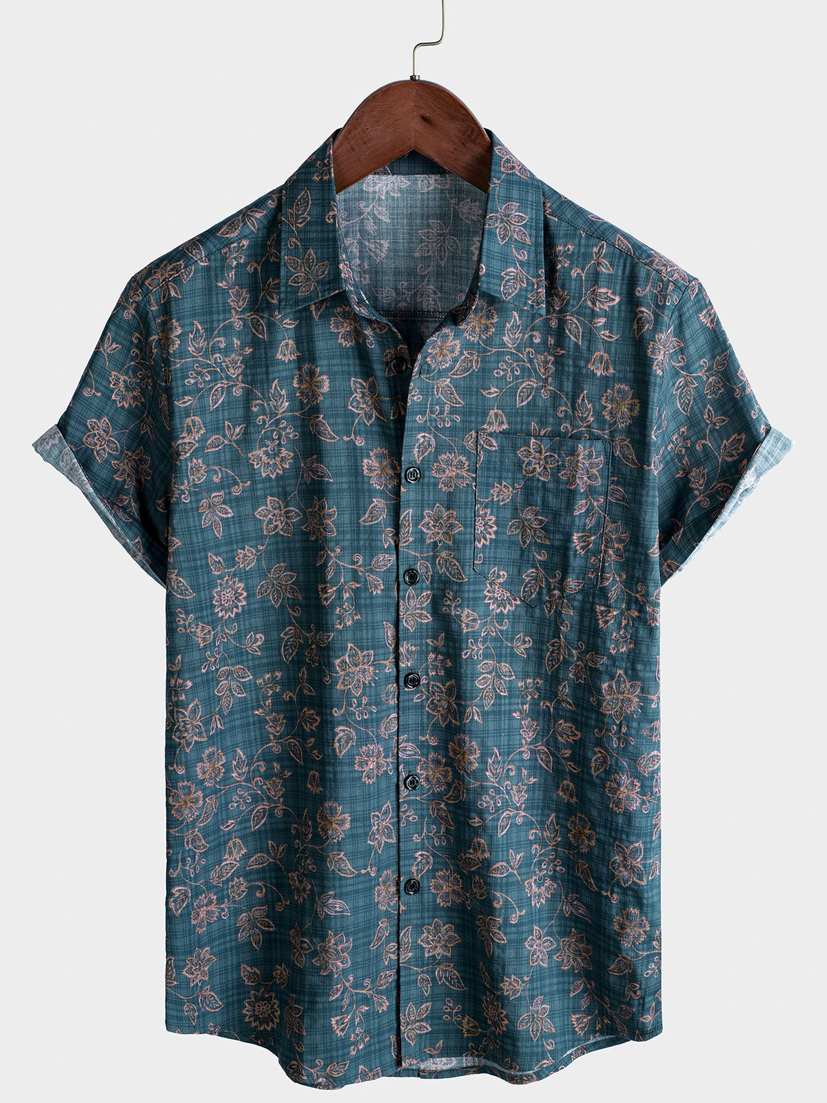 Chemise à manches courtes en coton respirant à motif floral vintage pour homme