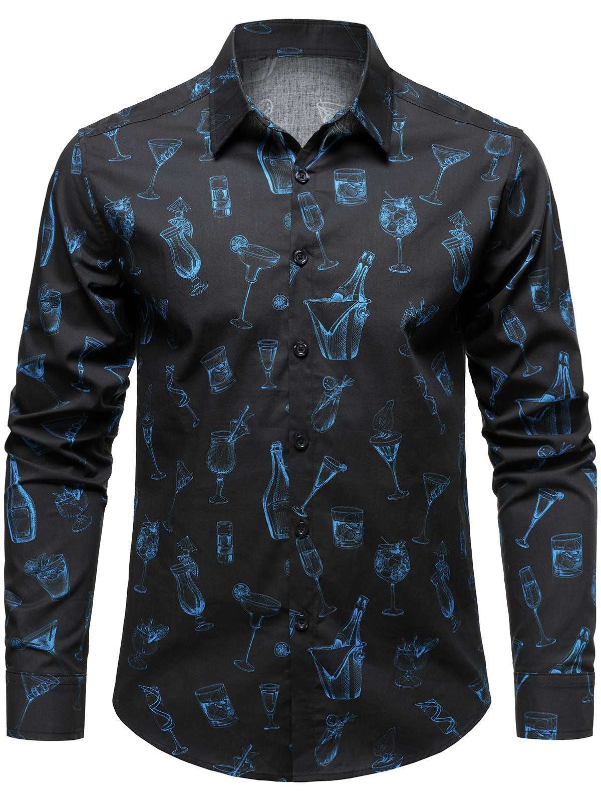 Chemise décontractée à manches longues en coton bleu pour homme, imprimé cocktail, idéale pour les fêtes