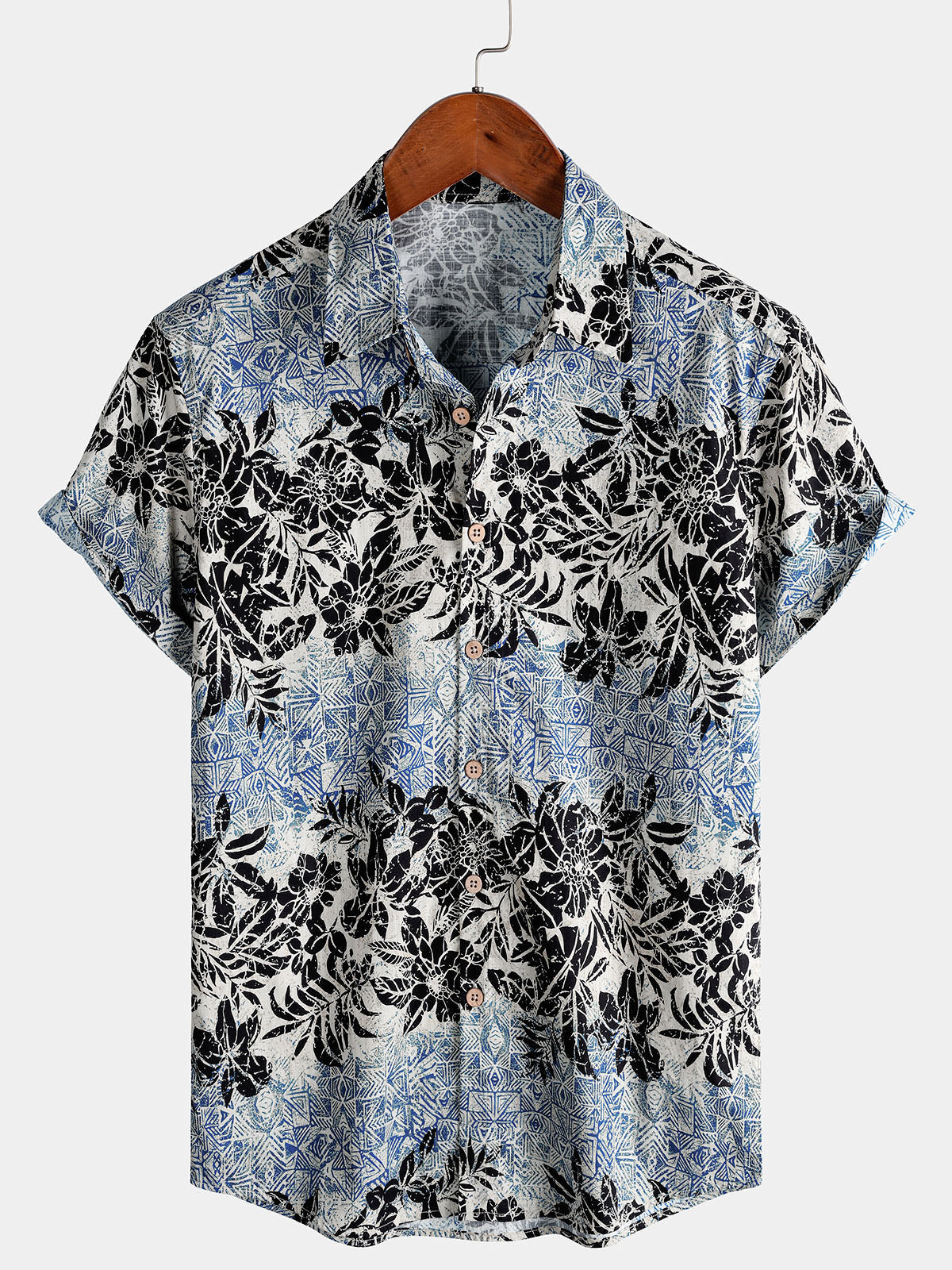 Chemise Homme Bohème Rétro à Manches Courtes en Coton Respirante Imprimé Botanique Style Île