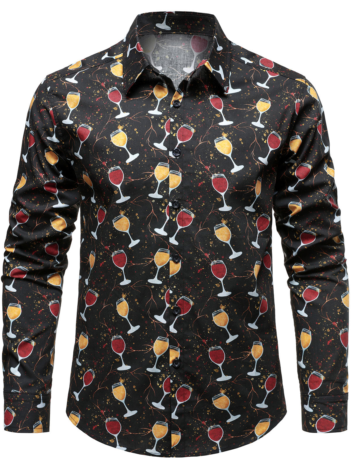 Chemise de fête décontractée à manches longues en coton noir pour homme, motif verre à vin imprimé