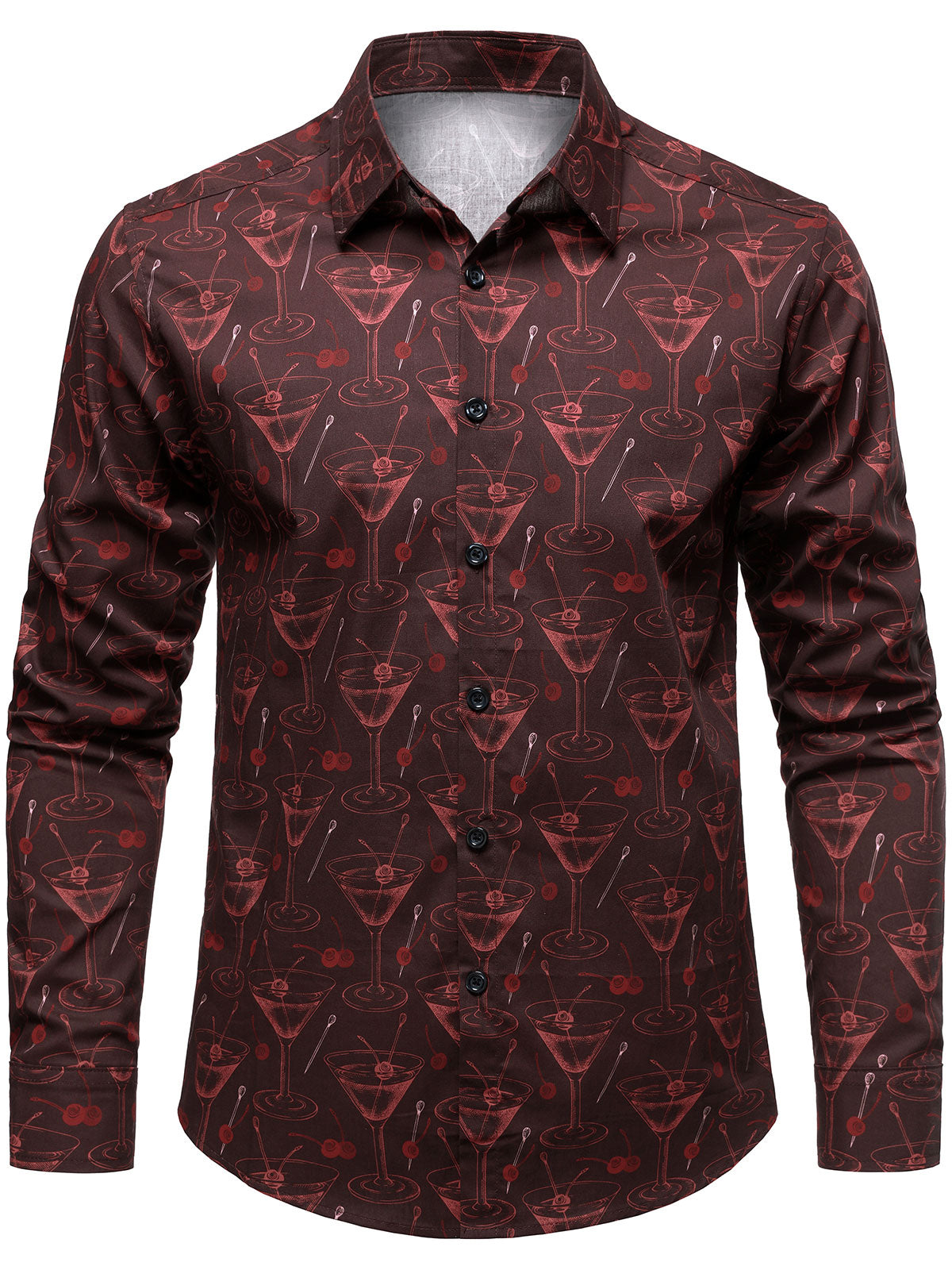 Chemise de fête décontractée à manches longues en coton pour homme, motif verre à vin, rouge