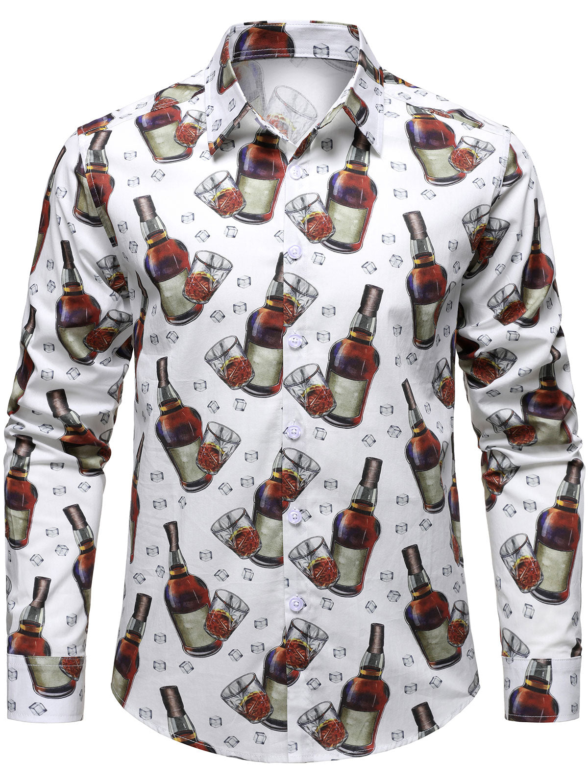 Chemise décontractée à manches longues en coton pour homme, imprimé whisky et glaçons, idéale pour les fêtes