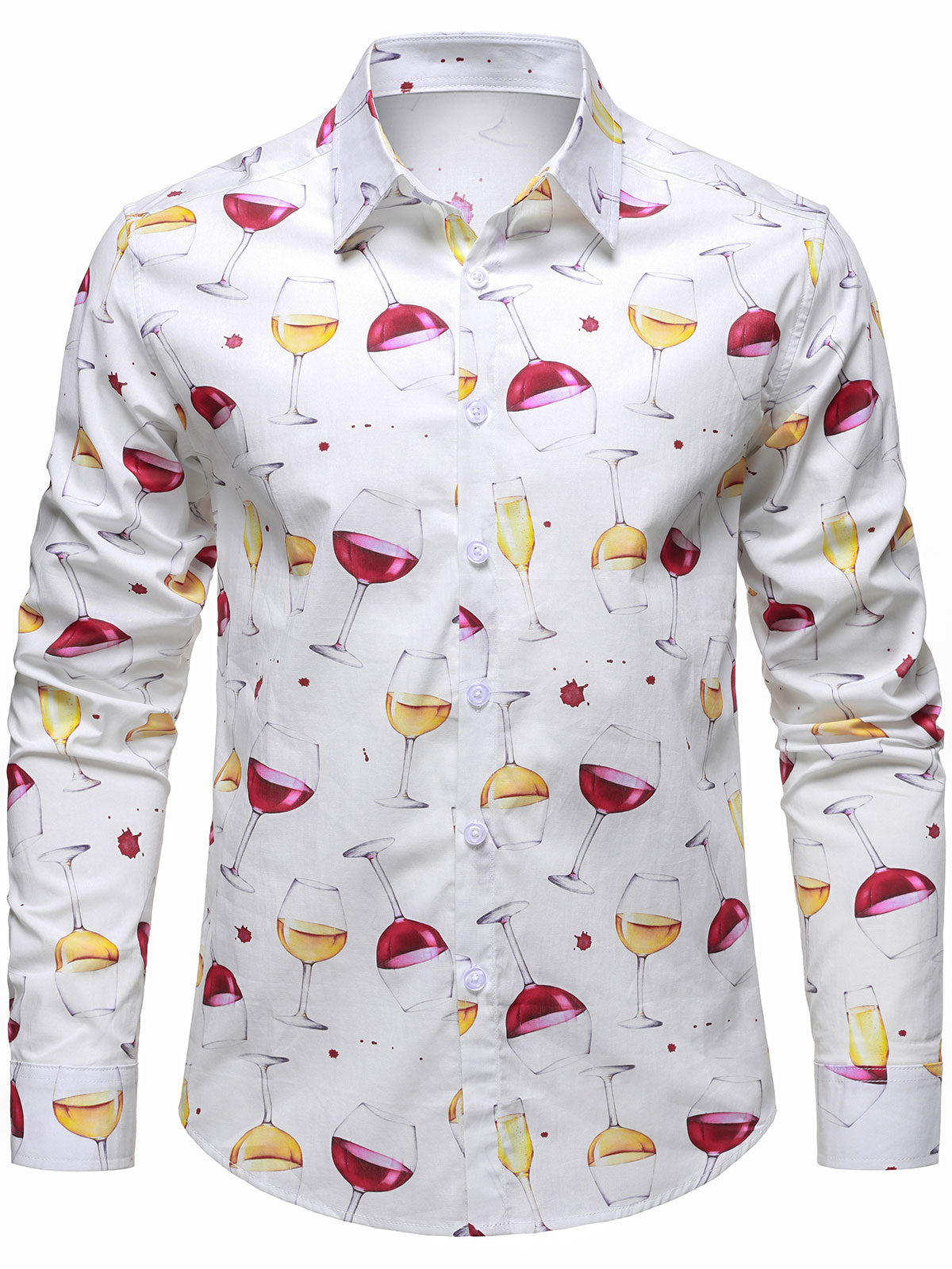 Chemise décontractée à manches longues en coton pour homme, motif verre à vin, boutonnée, pour les fêtes