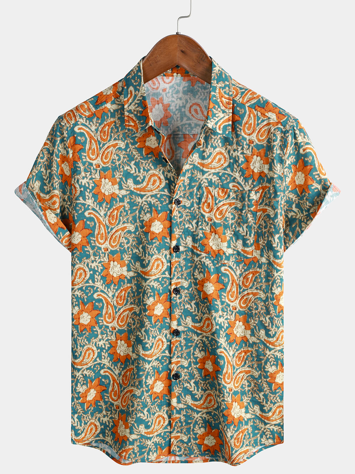 Chemise Homme Bohème Décontractée à Manches Courtes Imprimé Paisley et Floral Bleu