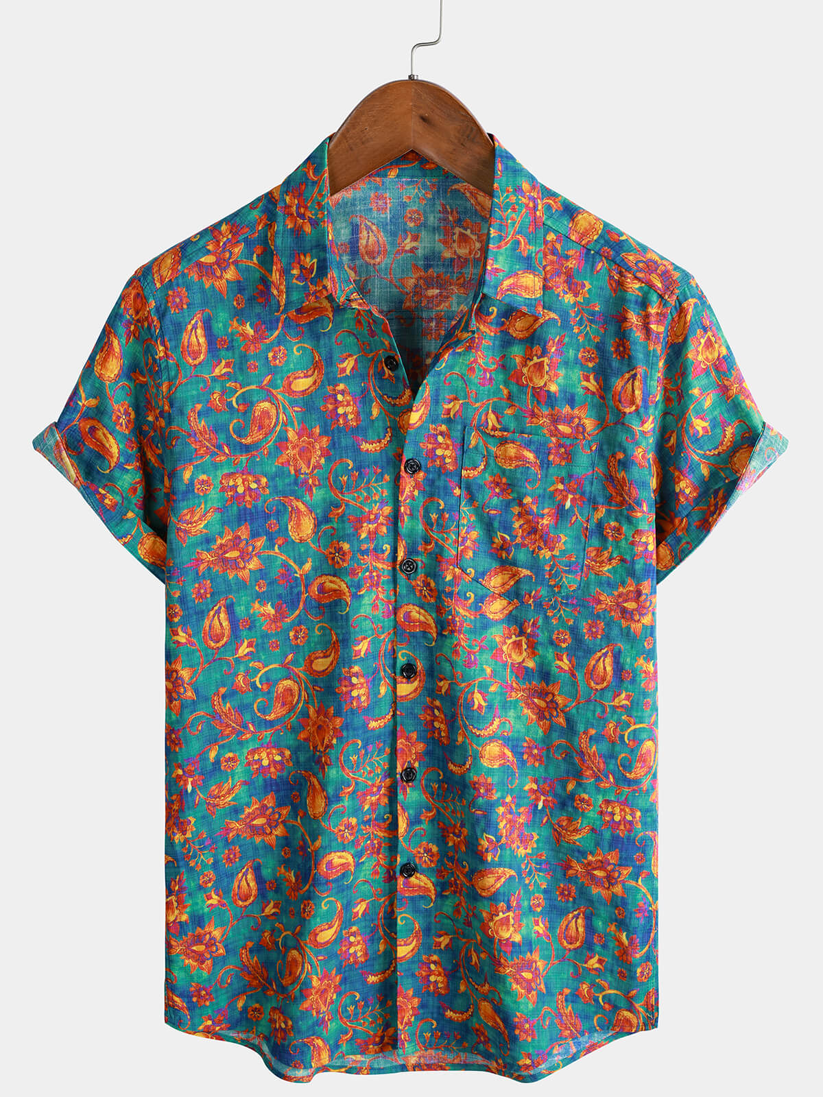 Chemise Homme Bohème à Manches Courtes Imprimé Paisley et Floral