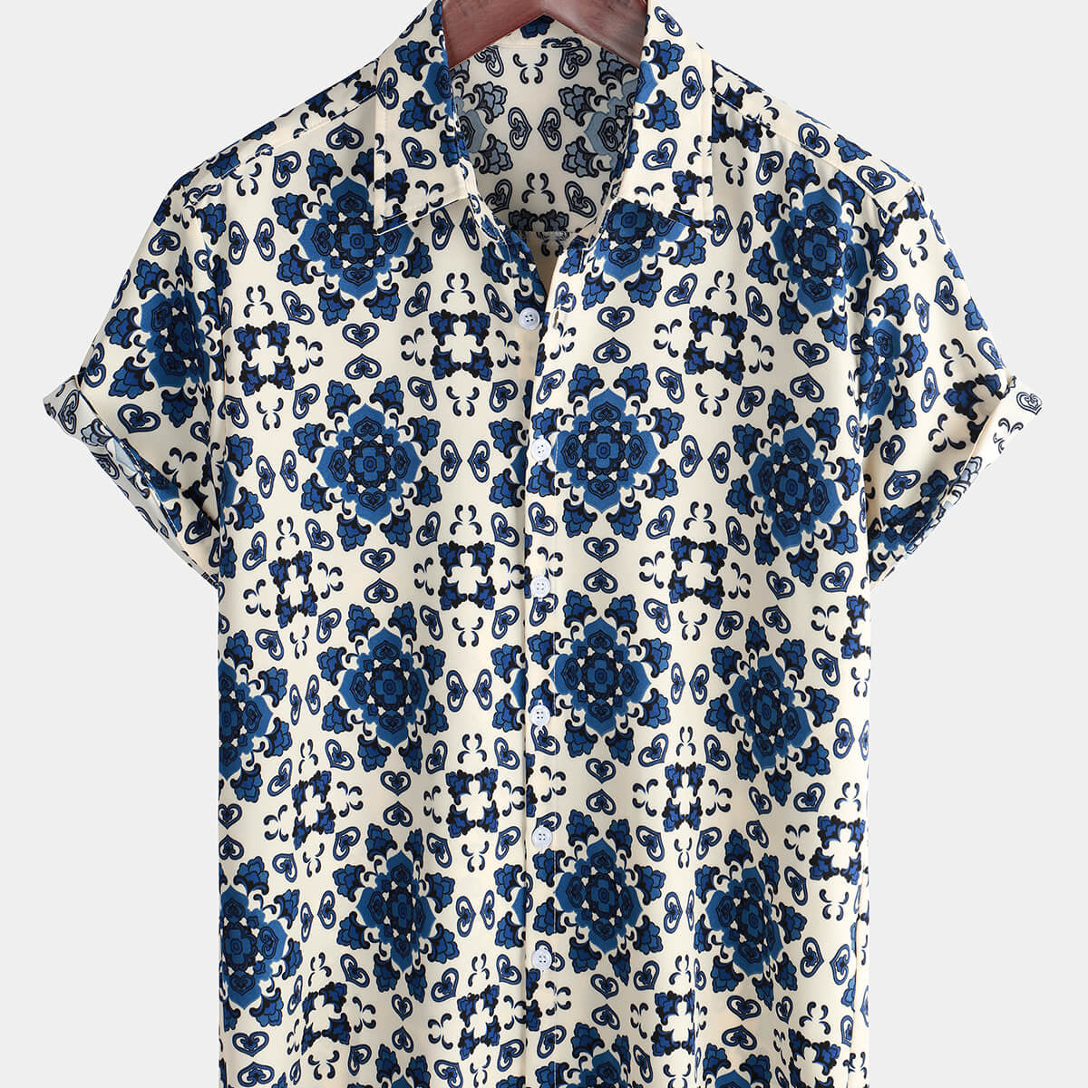 Chemise boutonnée décontractée à manches courtes pour hommes, bleue, florale, vacances