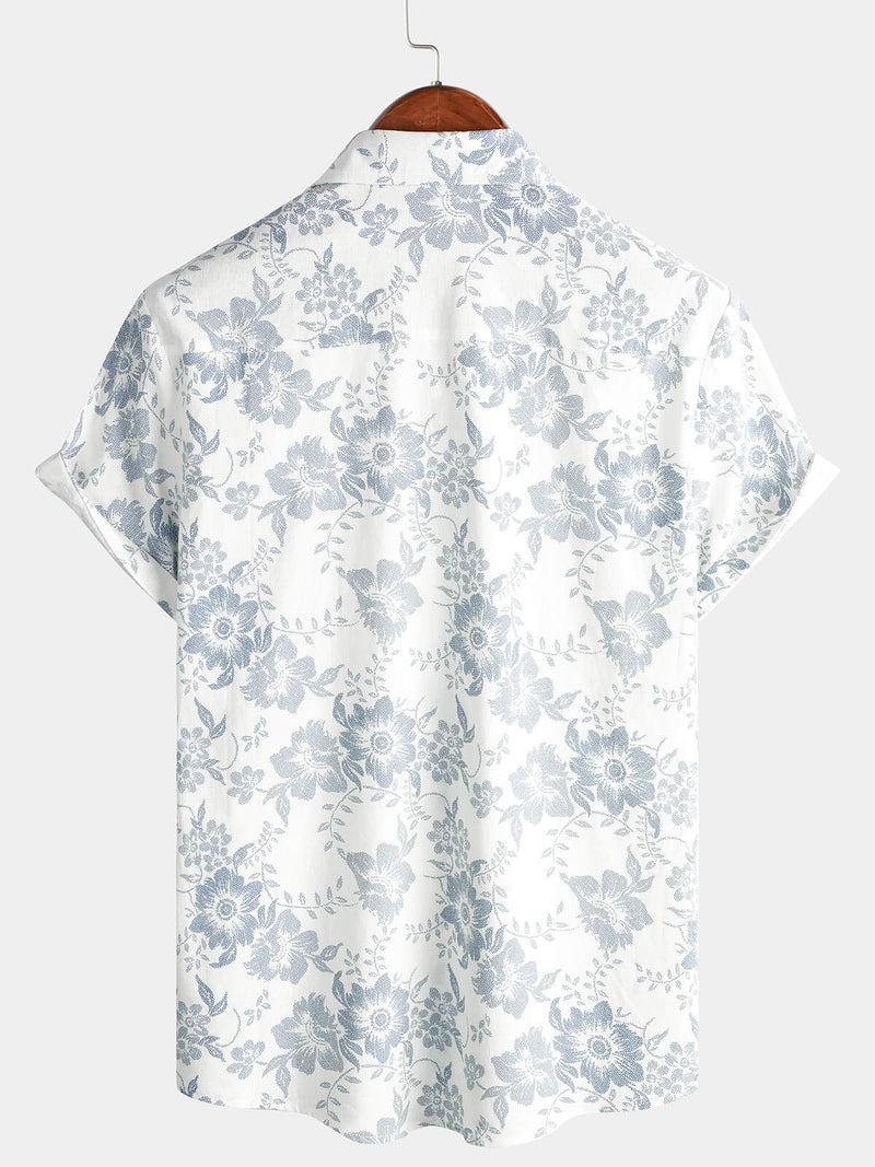 Chemise d'été hawaïenne blanche à manches courtes respirante en coton et lin pour hommes