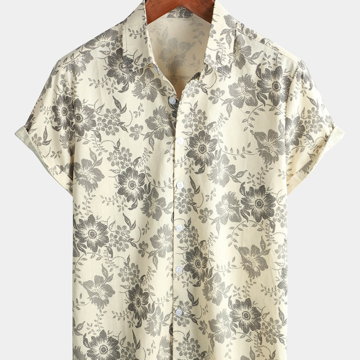 Chemise hawaïenne beige à manches courtes en coton et lin pour homme