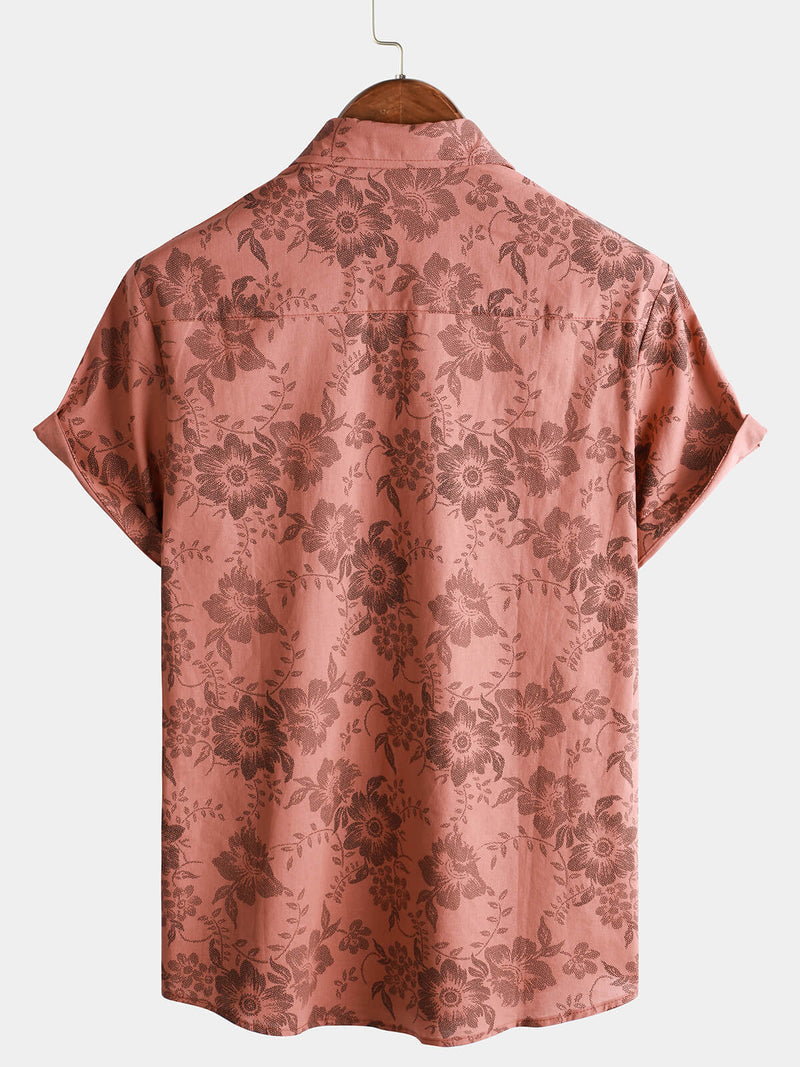 Chemise de plage à manches courtes en coton et lin à imprimé floral vintage pour hommes