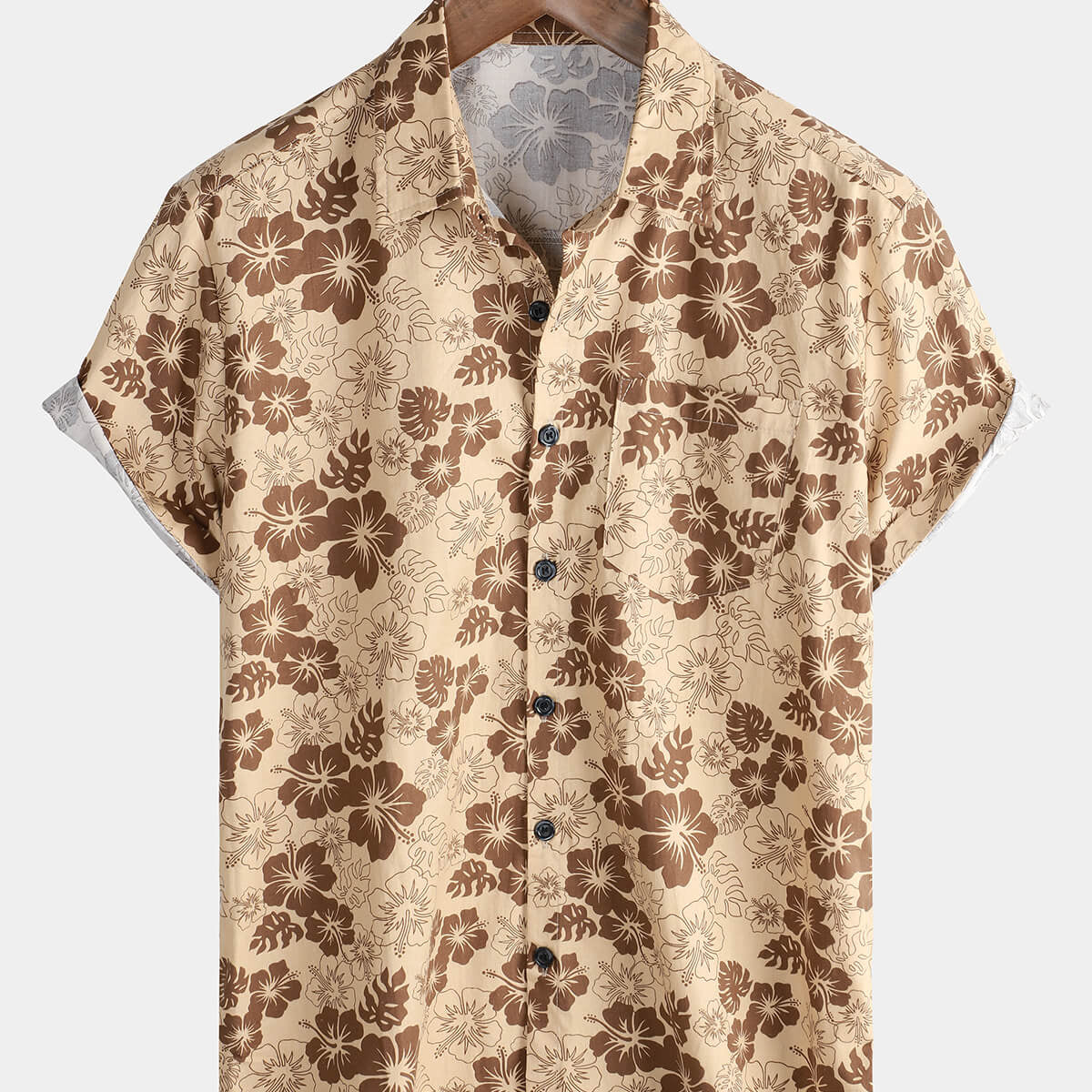 Chemise boutonnée décontractée à manches courtes pour hommes, kaki, avec poche florale hawaïenne, vacances