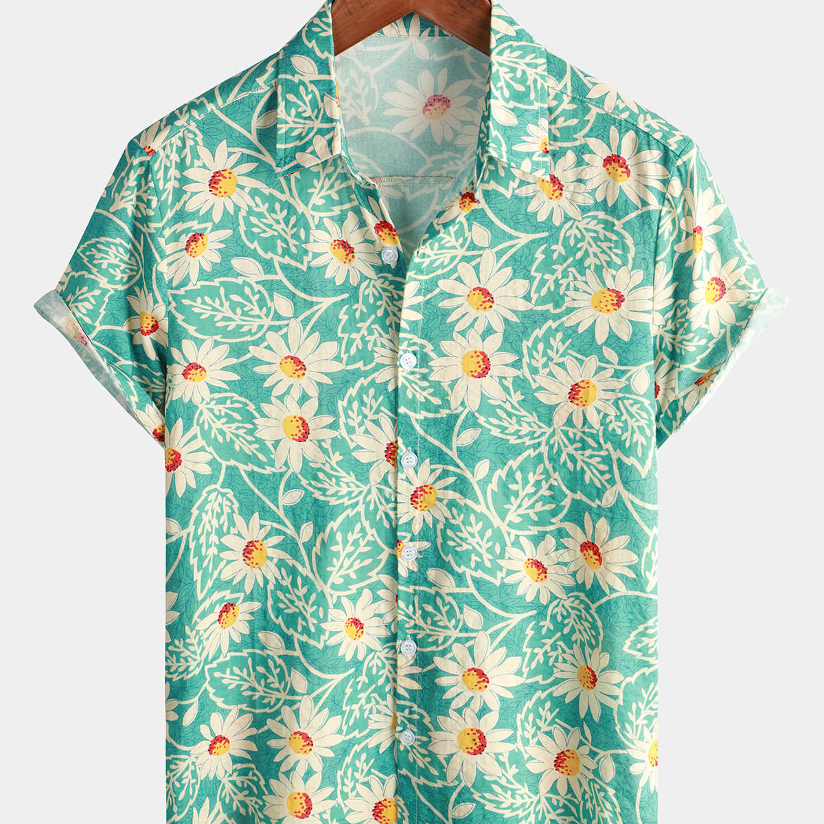 Chemise à manches courtes à fleurs hawaïennes en coton vert rétro pour homme