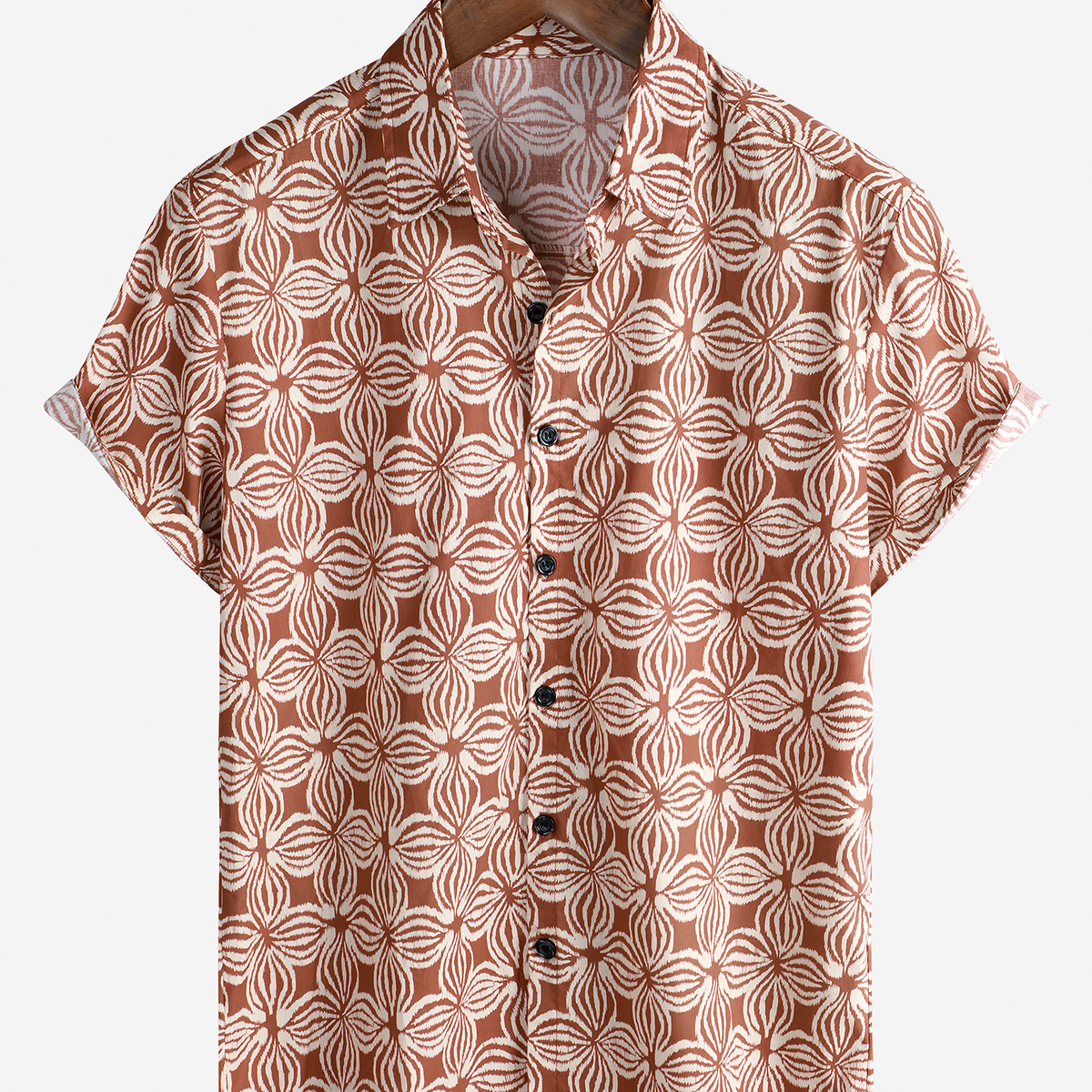 Chemise boutonnée à manches courtes orange décontractée en coton à fleurs pour hommes