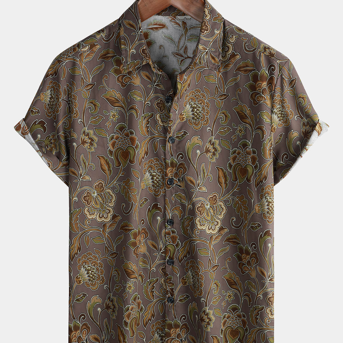 Chemise boutonnée à manches courtes marron décontractée pour hommes, vacances florales vintage