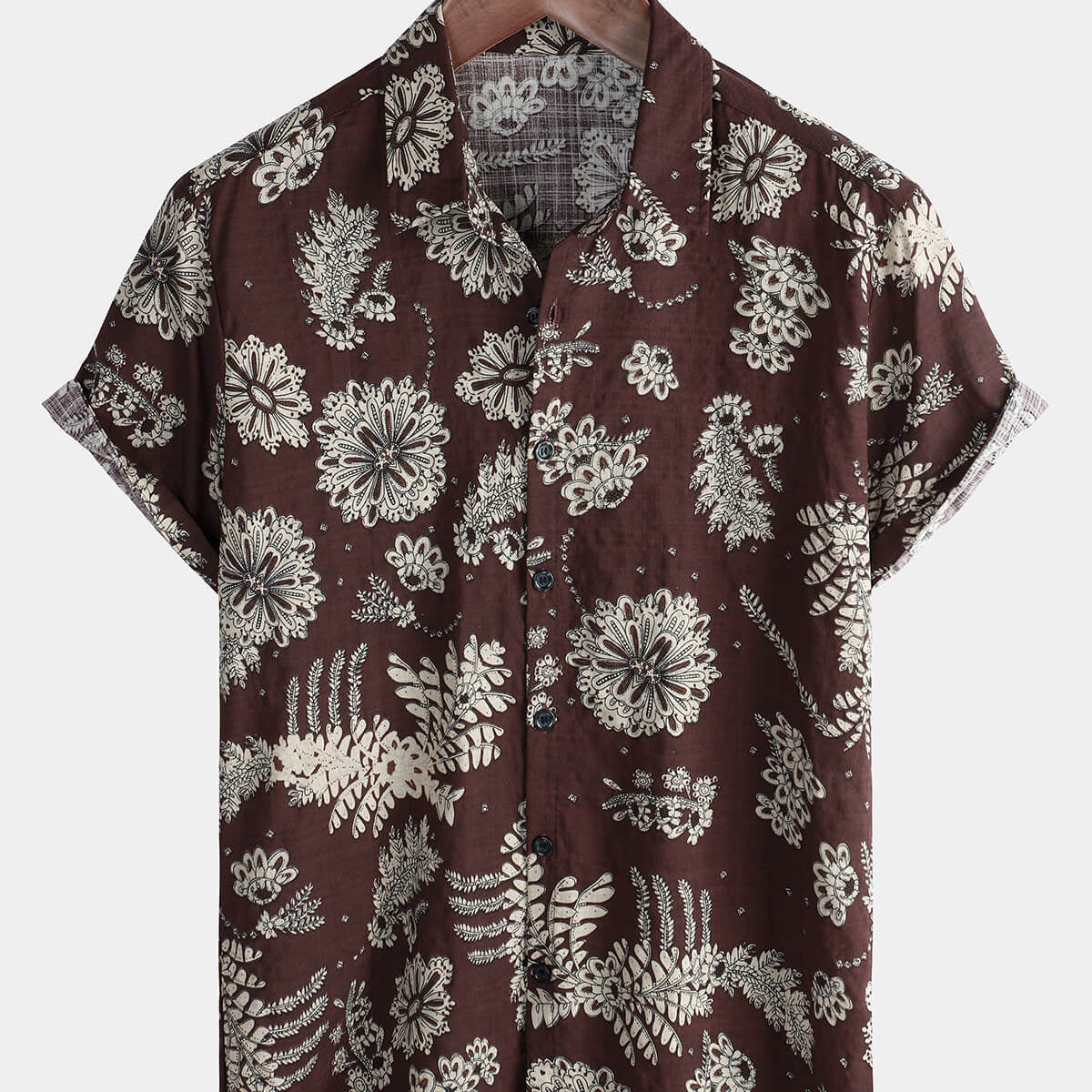 Chemise boutonnée à manches courtes pour hommes, motif floral, vacances, plage, décontractée, marron