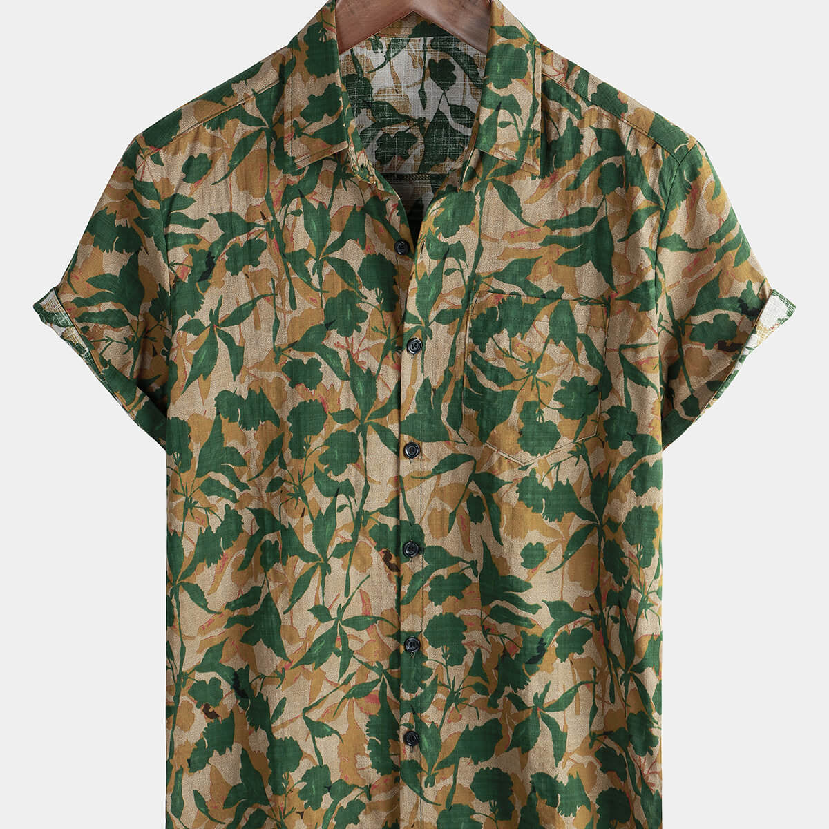 Chemise boutonnée à manches courtes d'été avec poche de vacances à fleurs vertes pour hommes