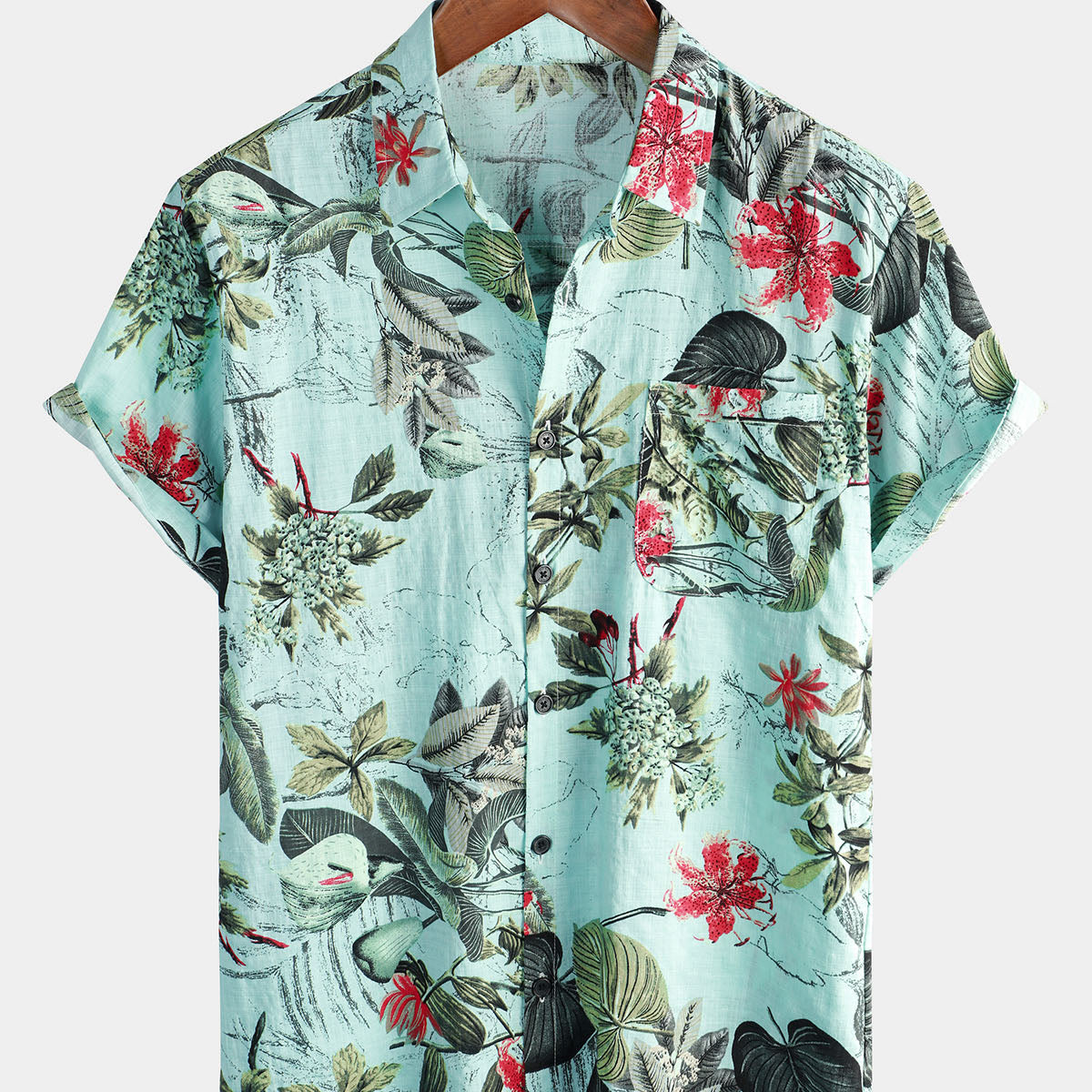 Chemise boutonnée à manches courtes en coton à fleurs pour hommes, plante hawaïenne verte tropicale