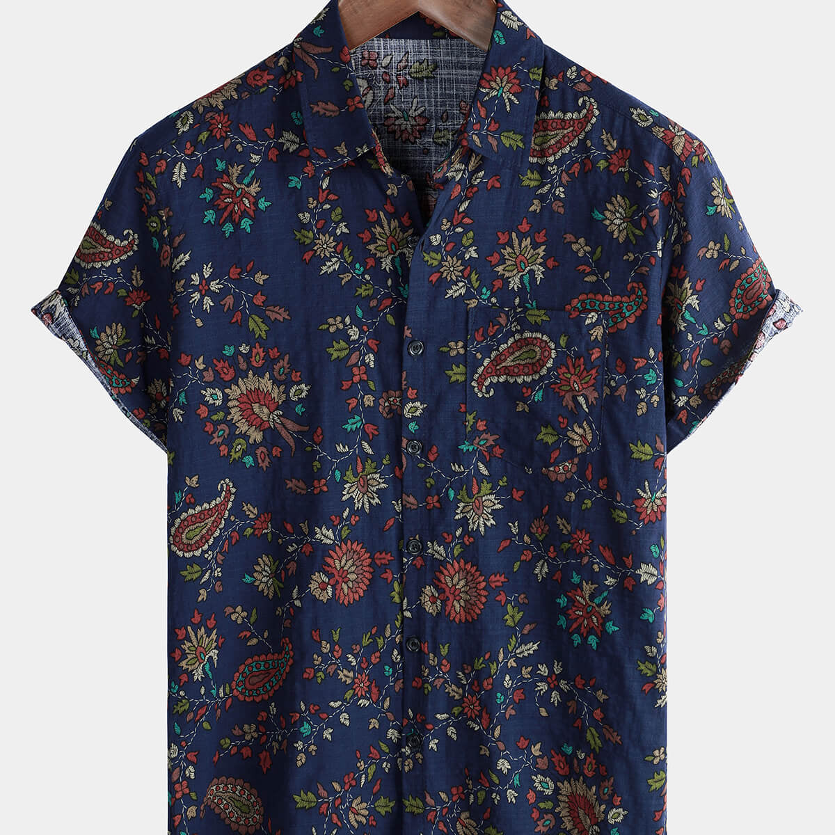 Chemise boutonnée à manches courtes et à poches décontractées pour hommes, motif cachemire floral, vacances