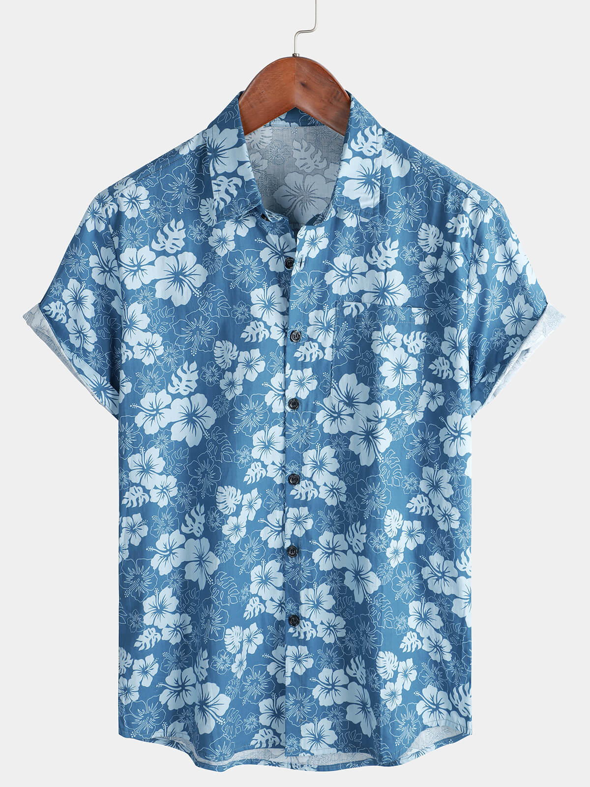 Chemise boutonnée bleue à manches courtes pour hommes, vacances florales hawaïennes, poche décontractée