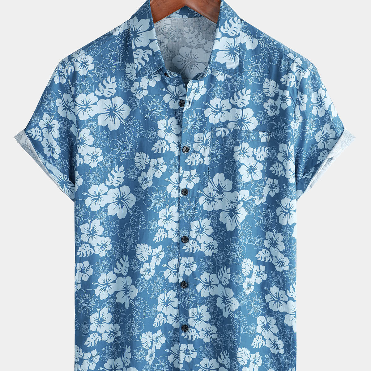 Chemise boutonnée bleue à manches courtes pour hommes, vacances florales hawaïennes, poche décontractée