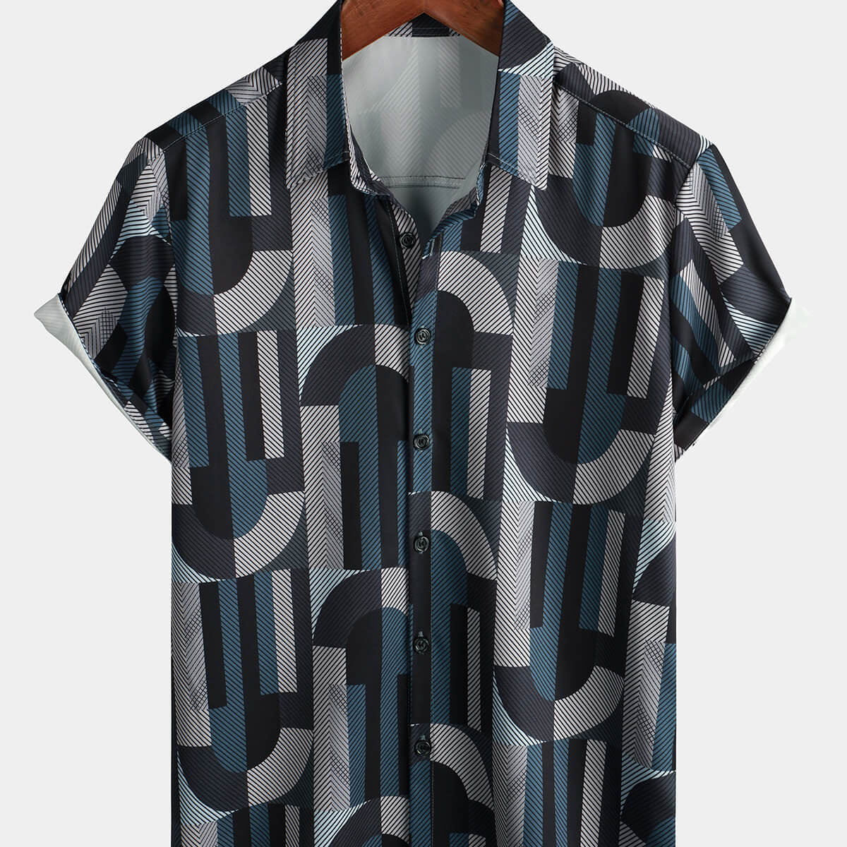 Chemise boutonnée à manches courtes à imprimé d'art géométrique vintage pour homme