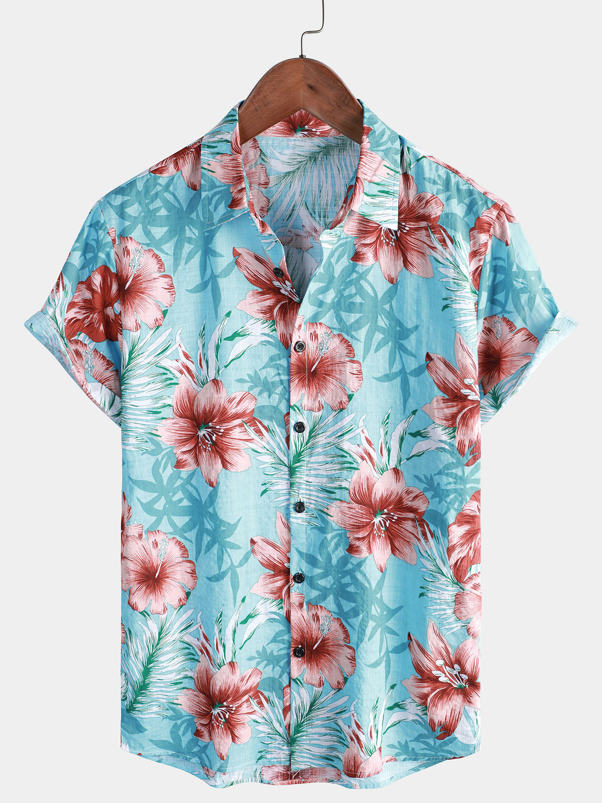 Chemise à manches courtes hawaïenne hawaïenne bouton tropical Hibiscus imprimé floral vacances plage bleu manches courtes