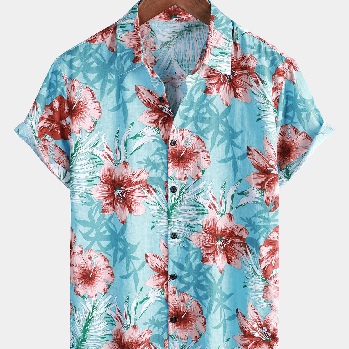 Chemise à manches courtes hawaïenne hawaïenne bouton tropical Hibiscus imprimé floral vacances plage bleu manches courtes