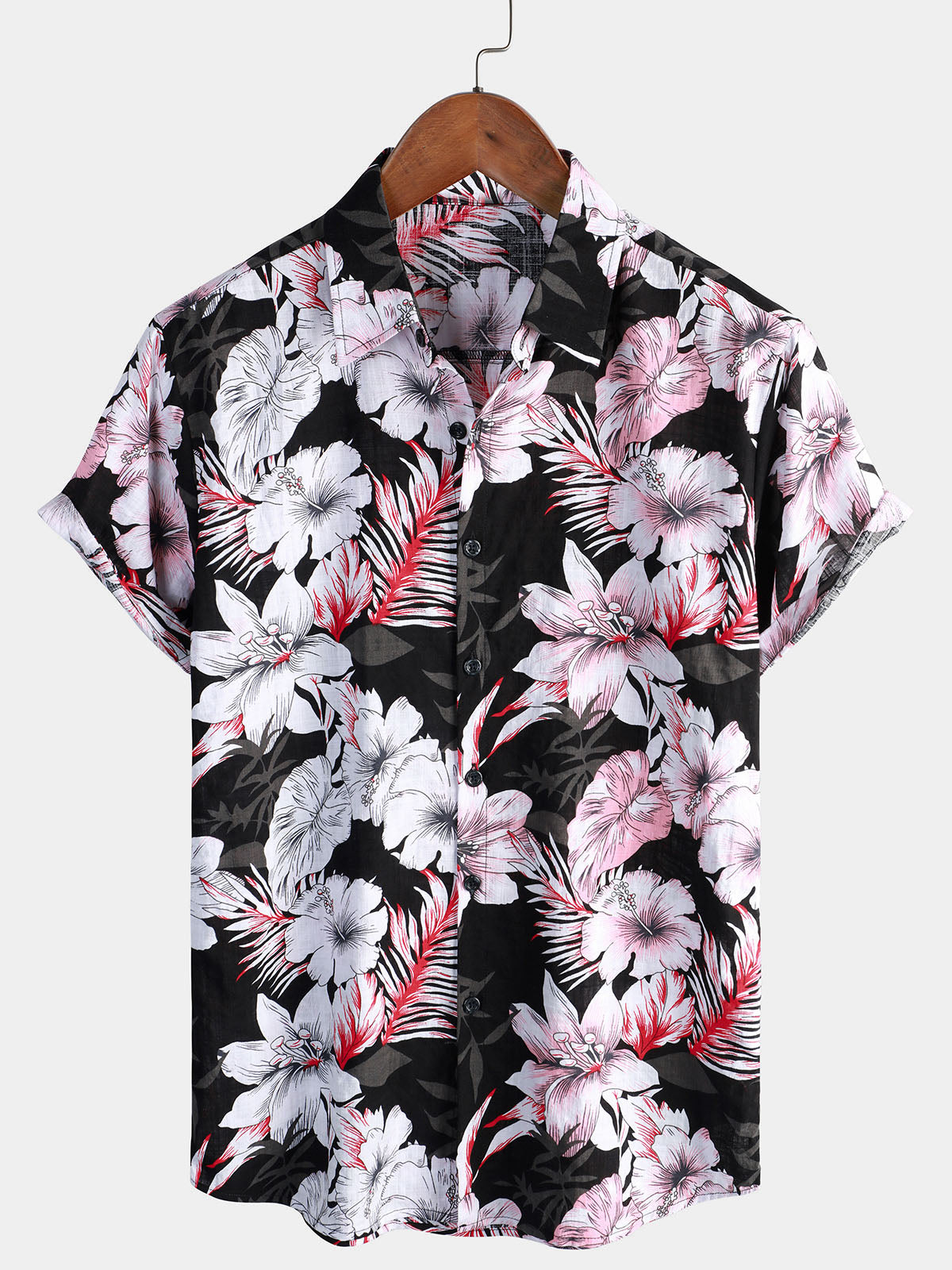 Chemise à manches courtes hawaïenne à fleurs roses tropicales pour hommes Hibiscus Summer Holiday Beach