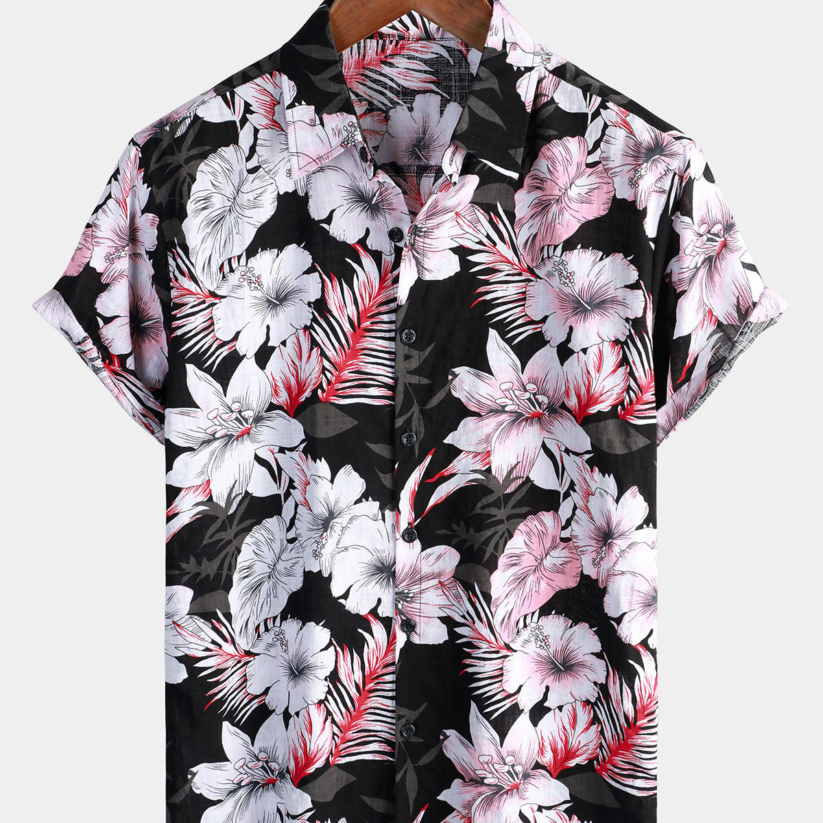 Chemise à manches courtes hawaïenne à fleurs roses tropicales pour hommes Hibiscus Summer Holiday Beach