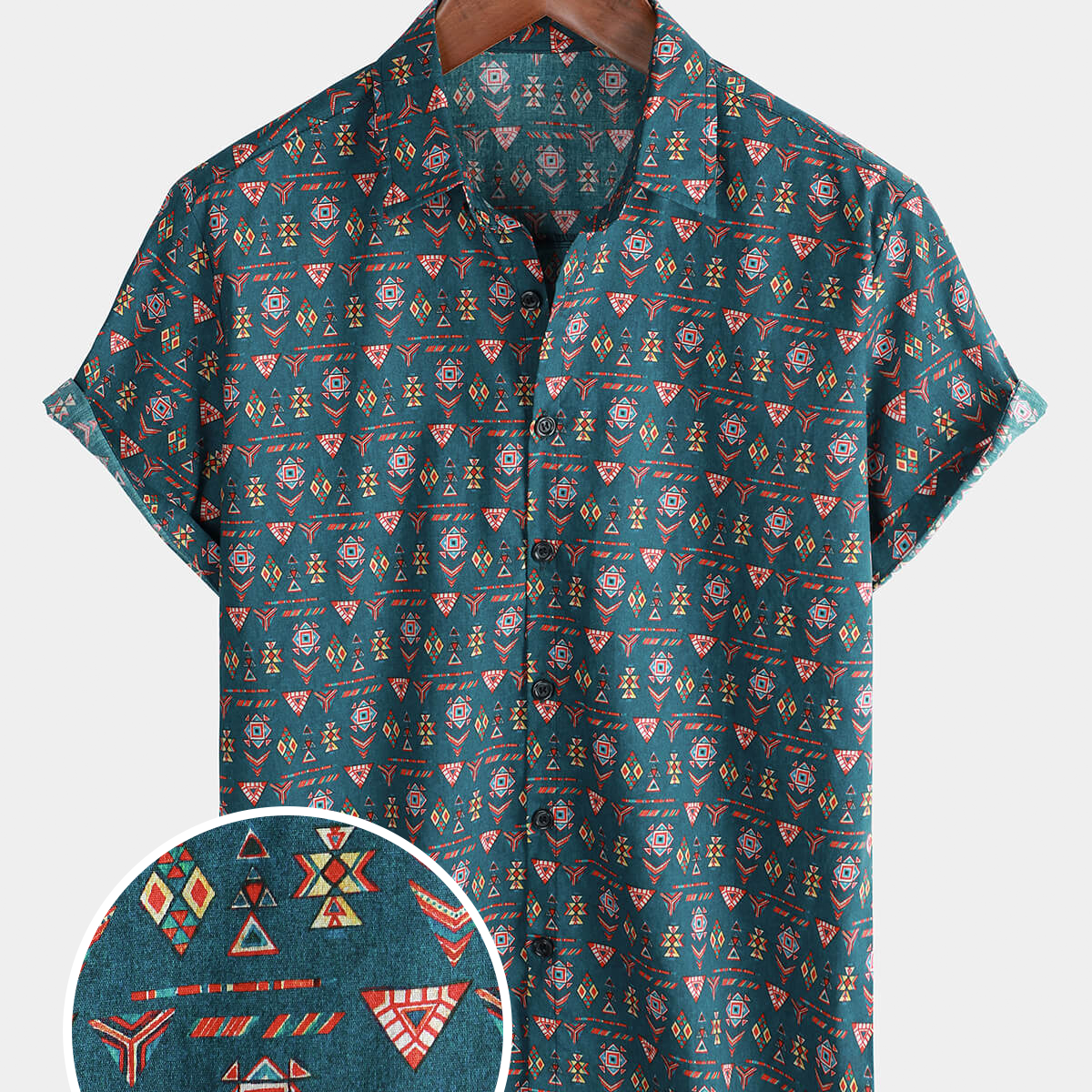 Chemise boutonnée à manches courtes bleue décontractée en coton géométrique pour hommes