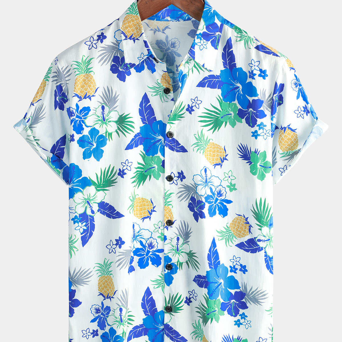 Hommes Ananas Floral Coton Fruit Tropical Bouton Up Short Sleeve Beach Blue Hawaiian Shirt
