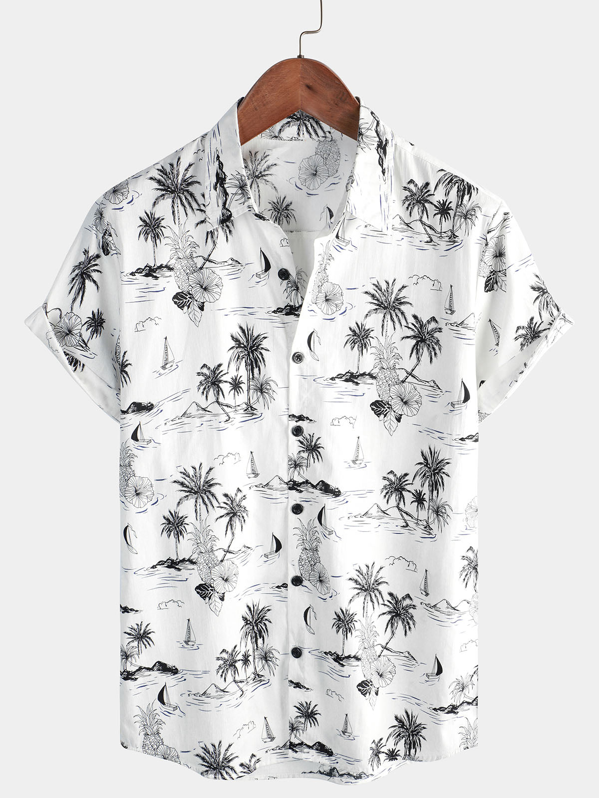 Chemise hawaïenne blanche à manches courtes Aloha pour homme avec imprimé palmier et ananas tropical