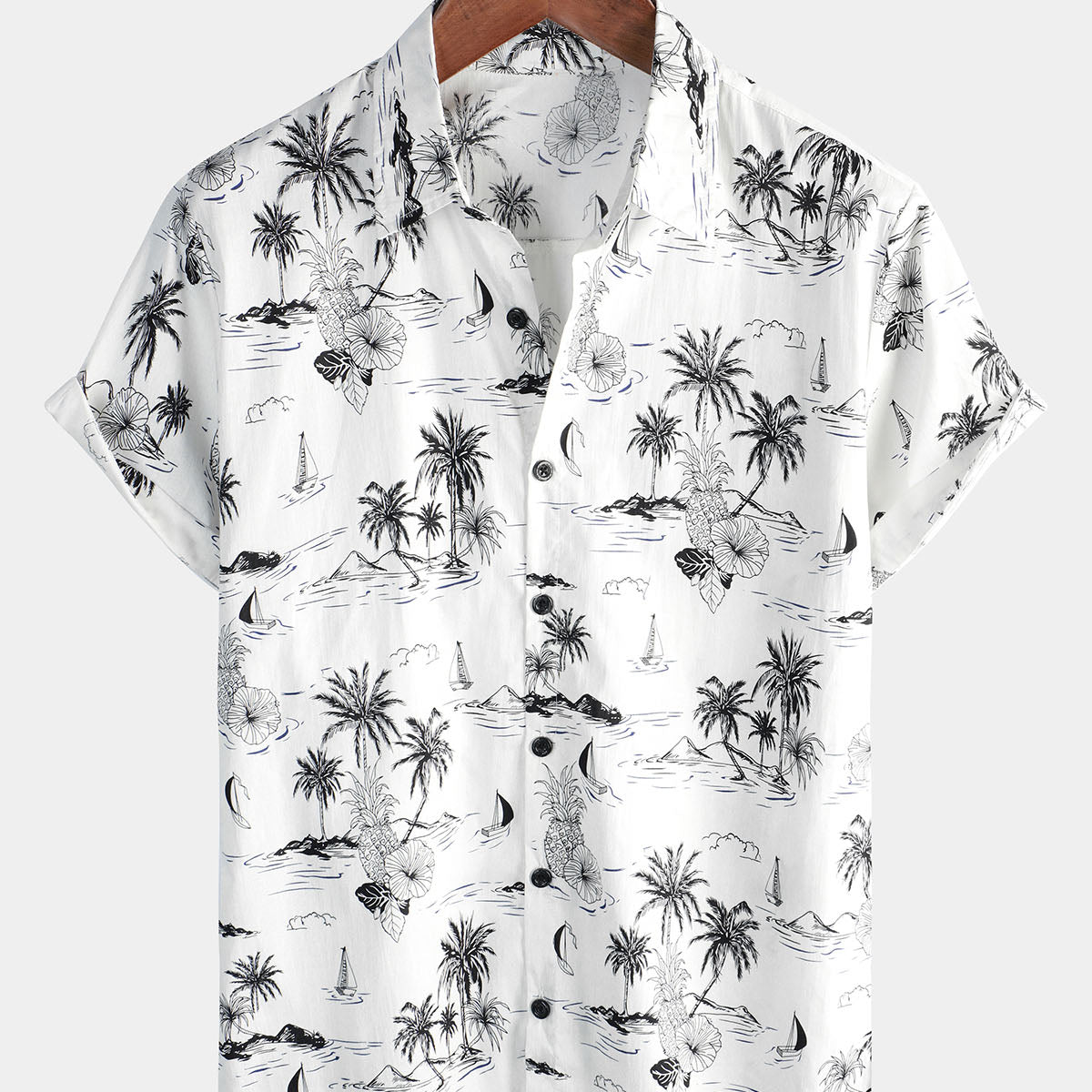Chemise hawaïenne blanche à manches courtes Aloha pour homme avec imprimé palmier et ananas tropical